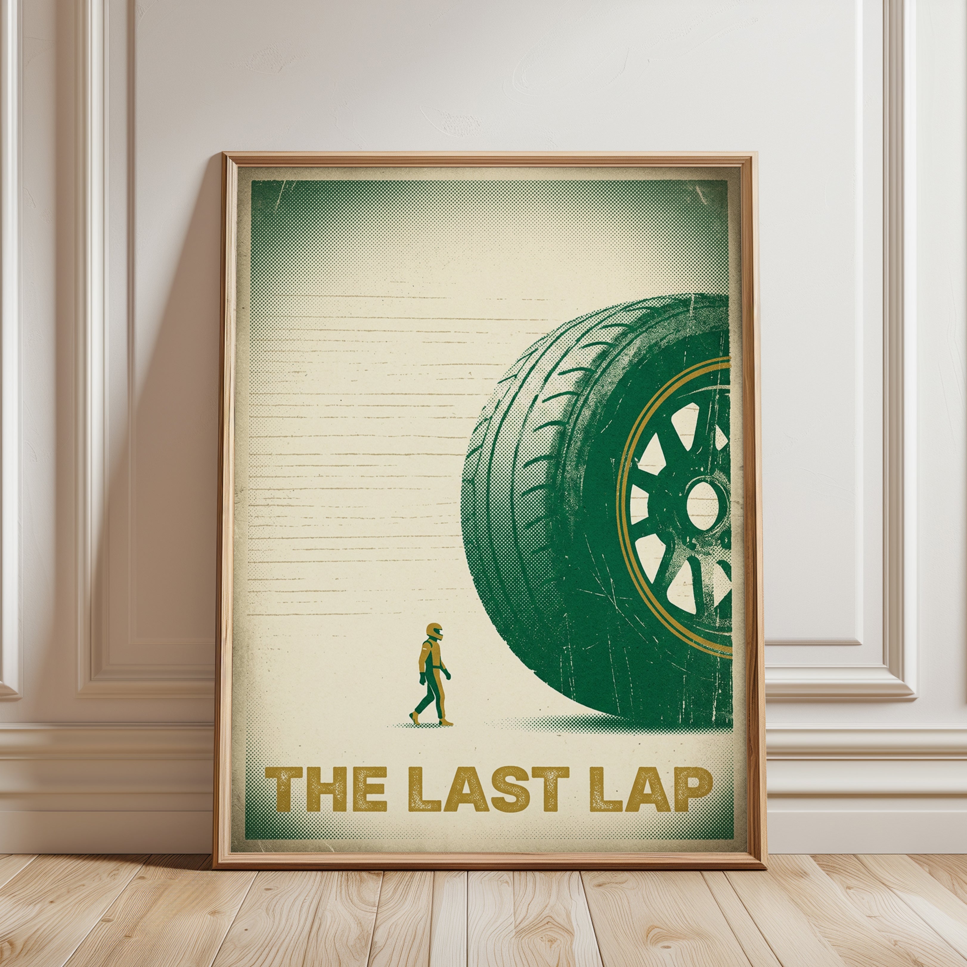 The Last Lap: Vintage Racing Poster Art Print Green and Gold - framed detail