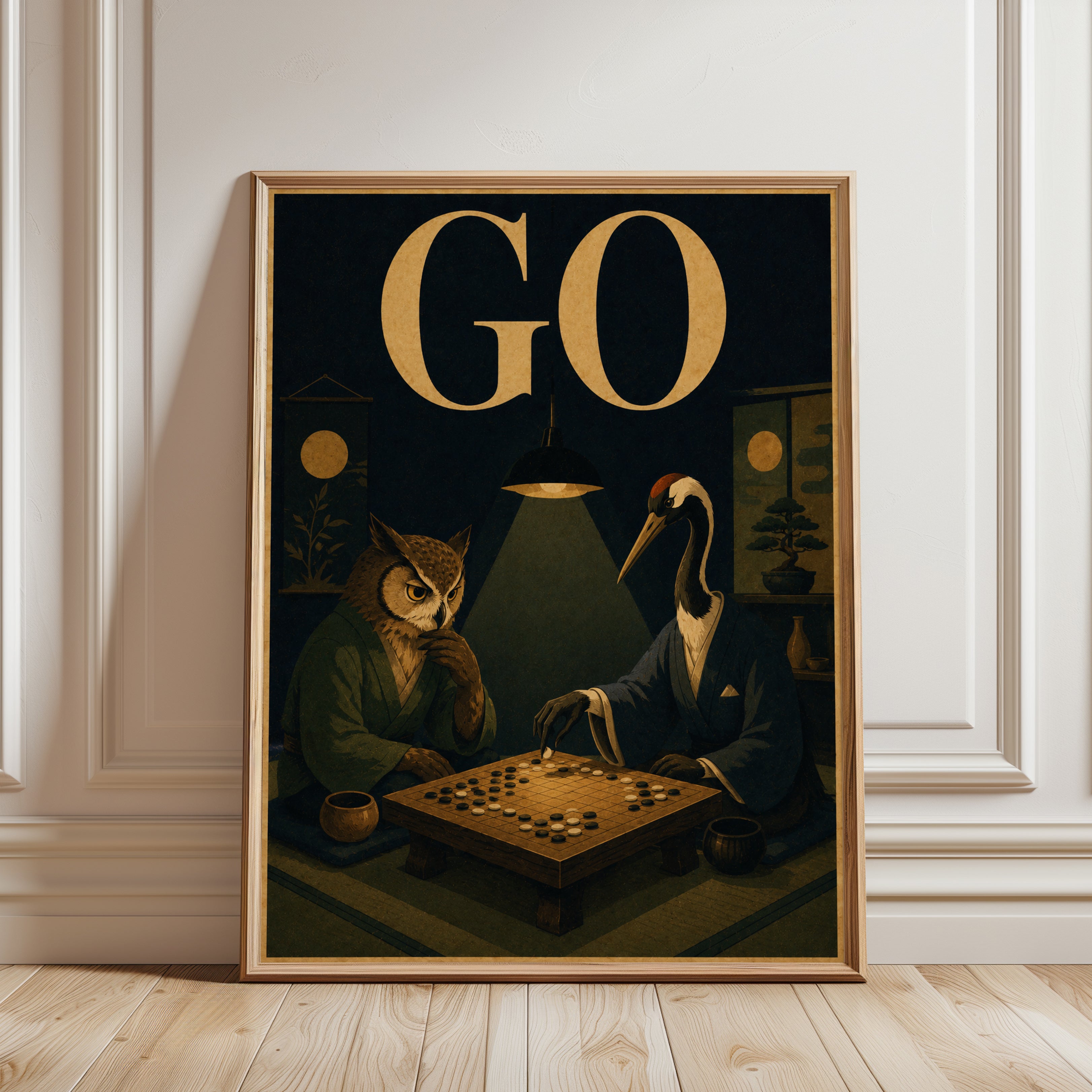 Go Game Poster: Owl and Crane Japanese Style (Vintage Wall Art) - framed detail