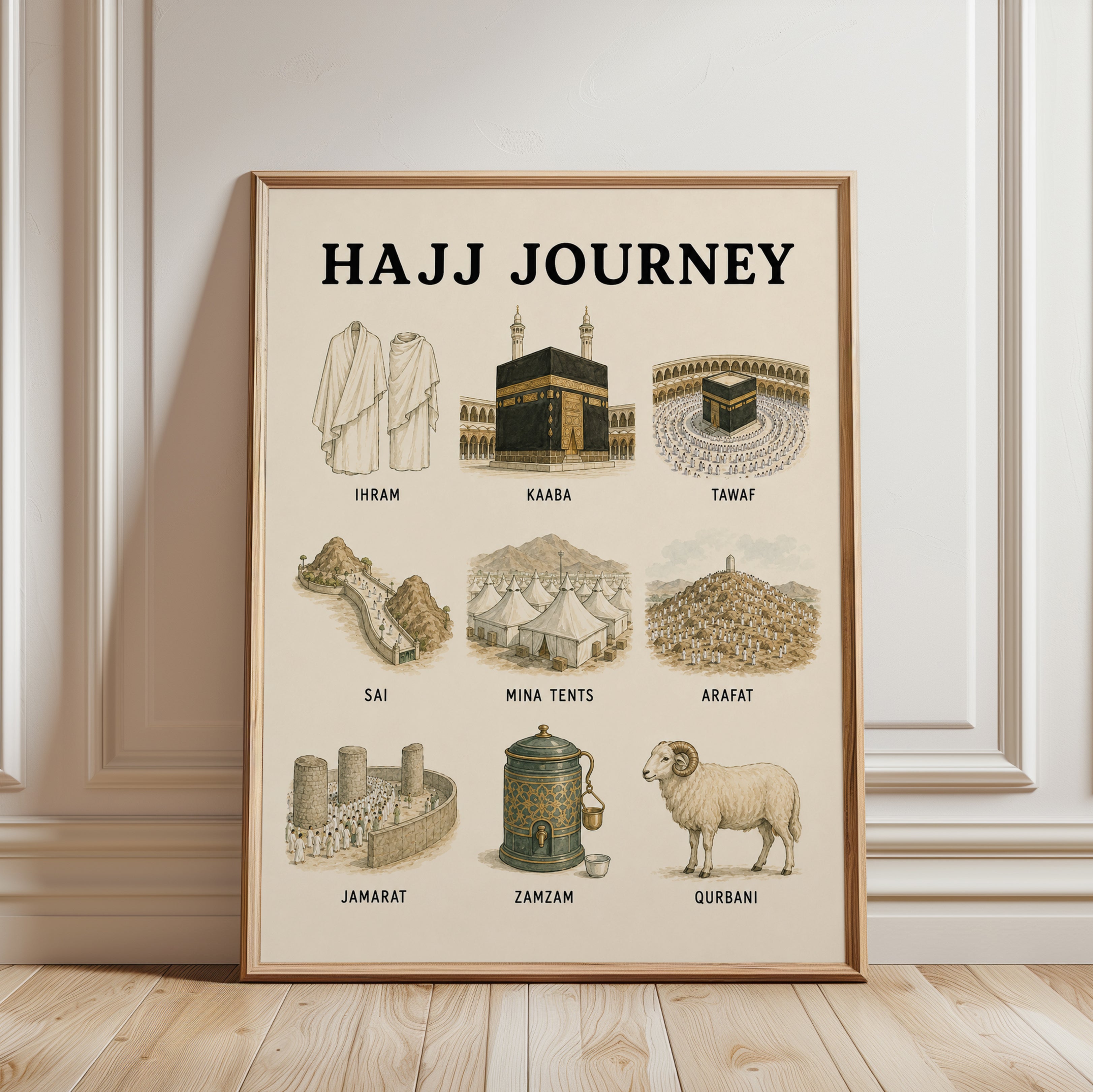 Islamic Wall Art: Hajj Pilgrimage Map - framed detail