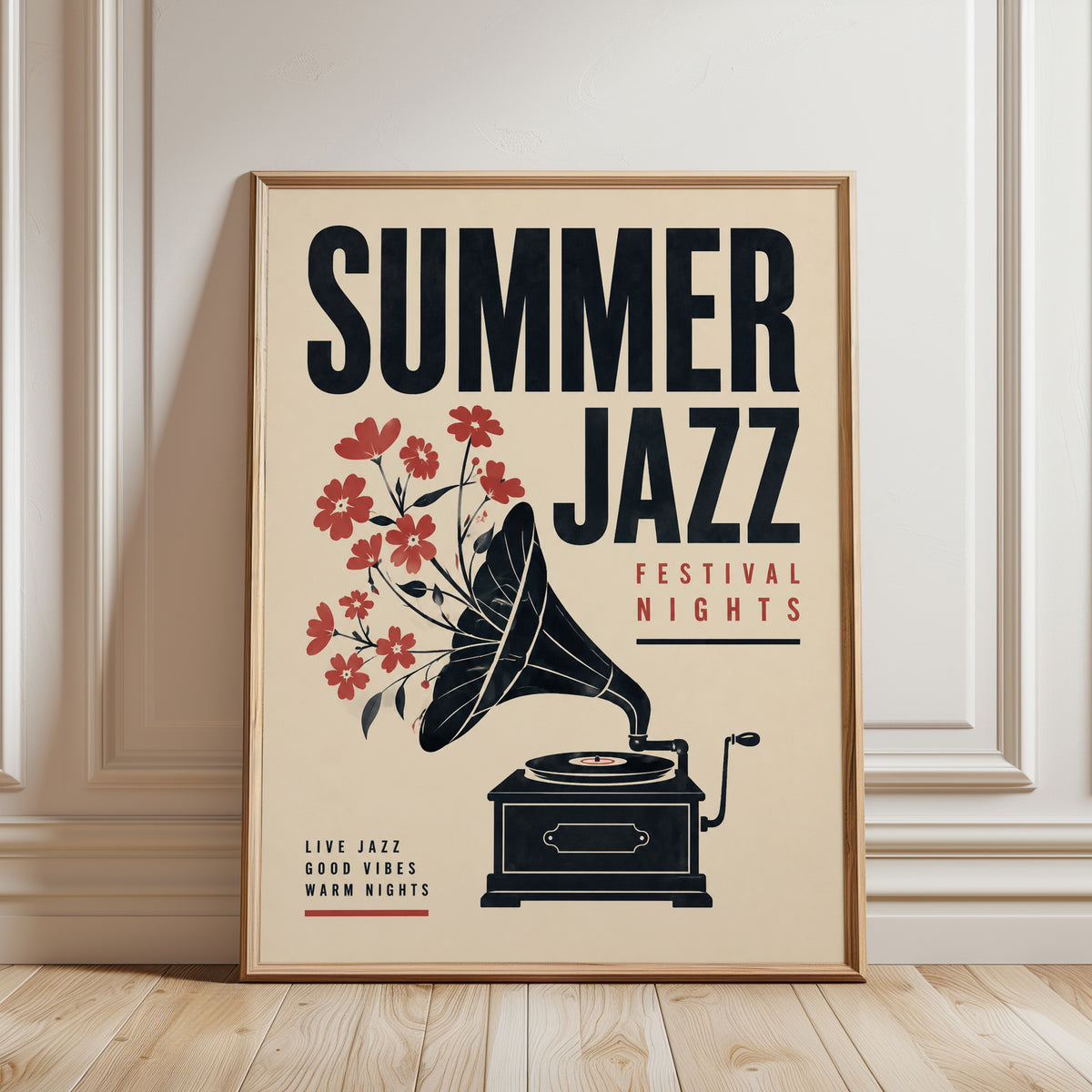 Vintage Jazz Poster Print — Retro Gramophone & Floral Design - framed detail