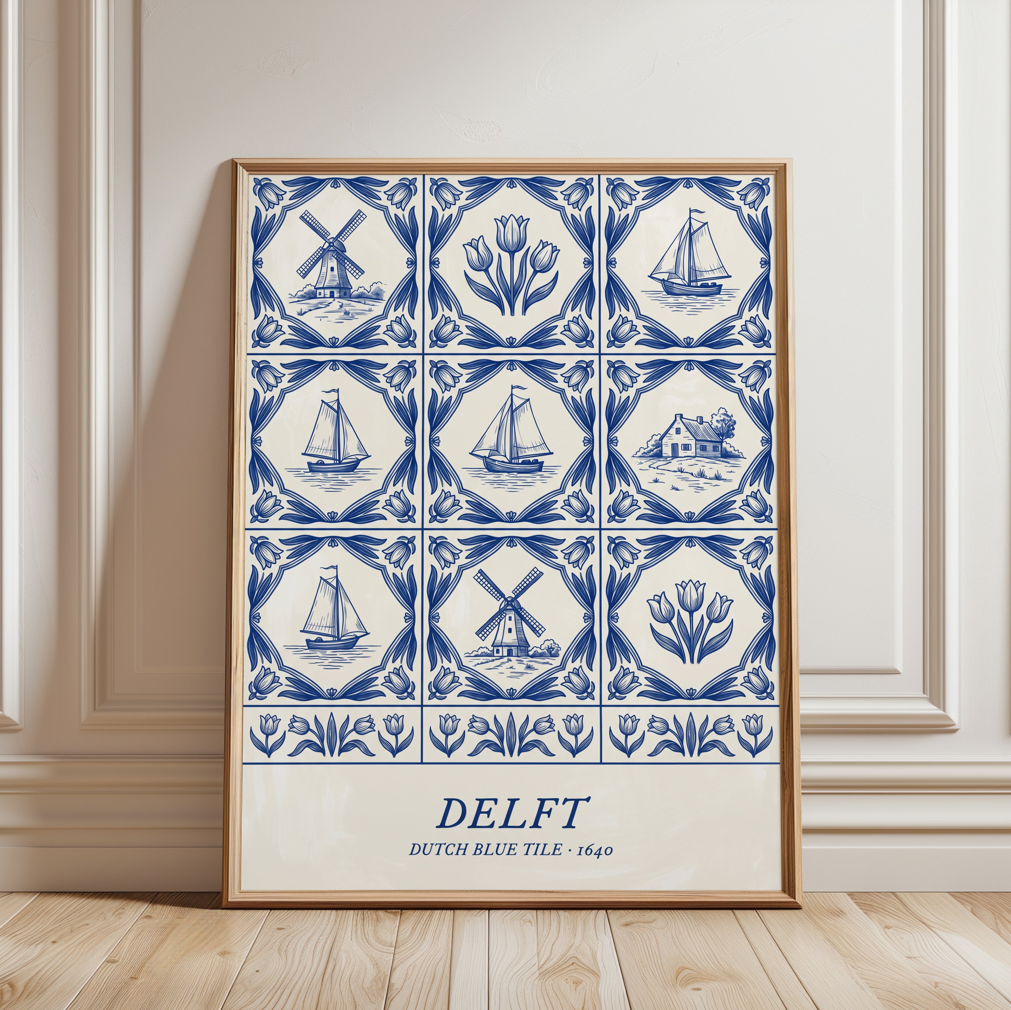 Delft Blue Tile Print: Dutch Windmill and Tulip Art - framed detail