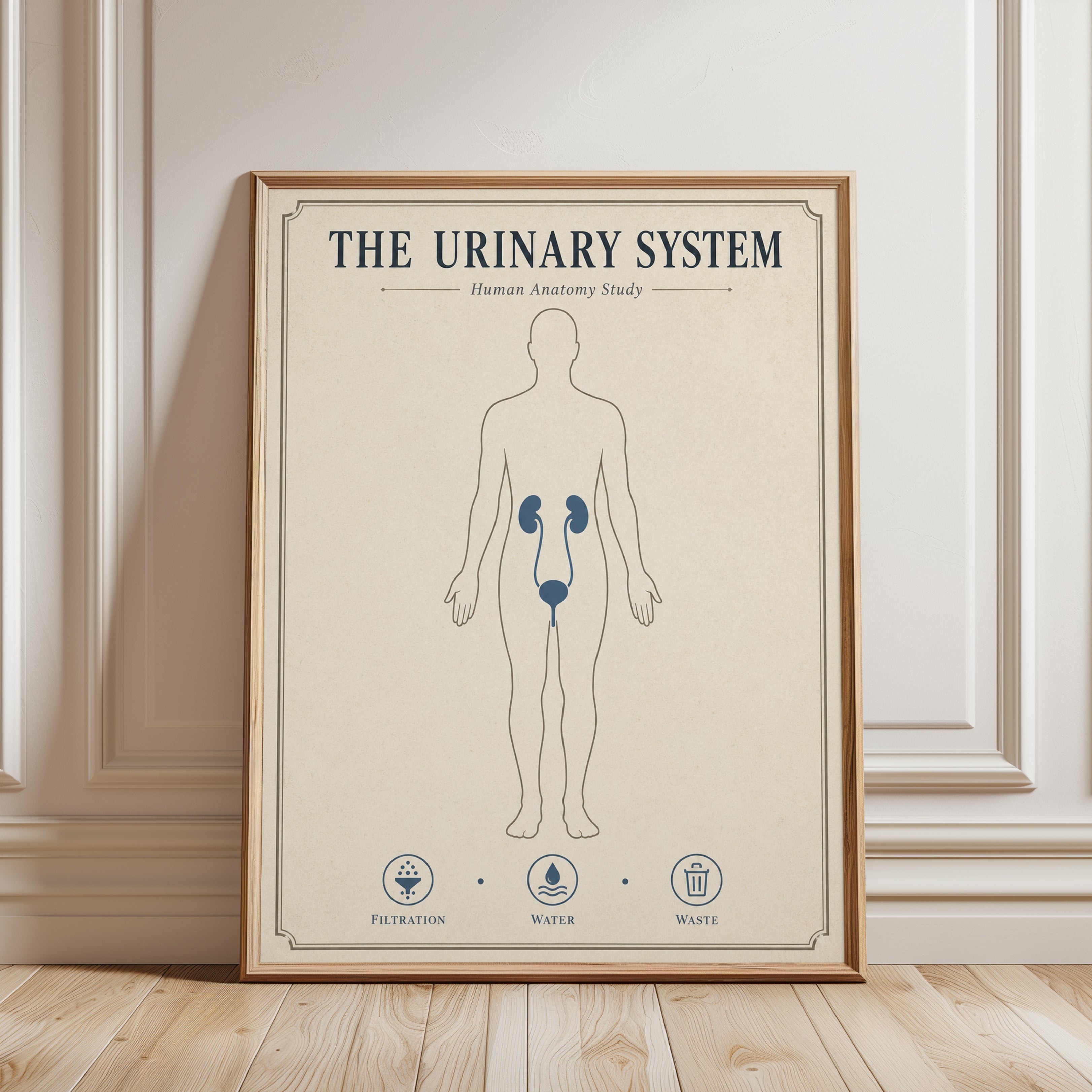 Urinary System Anatomy Print — Vintage Educational Chart - framed detail