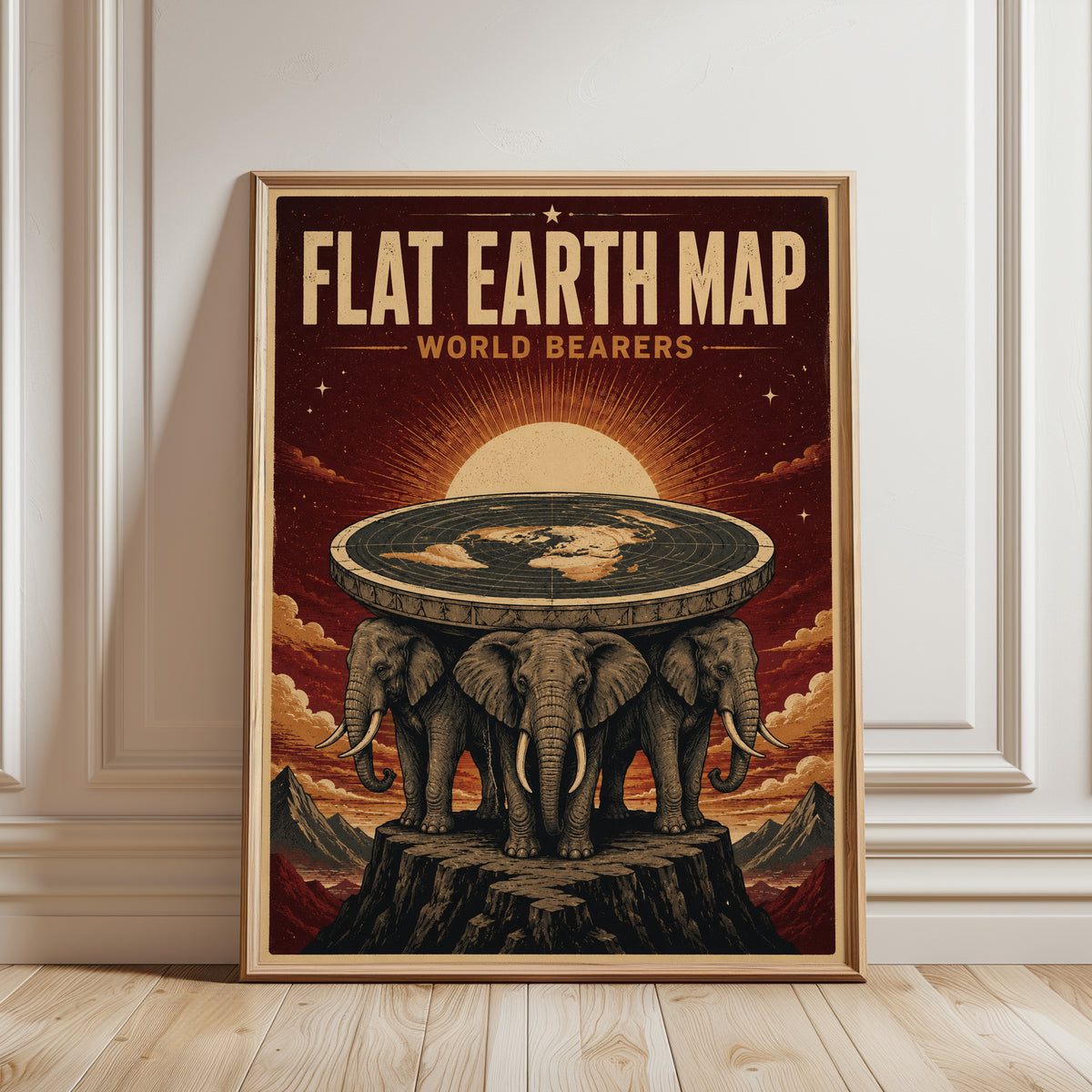Flat Earth Map Poster: Vintage Mythological Elephant Design - framed detail