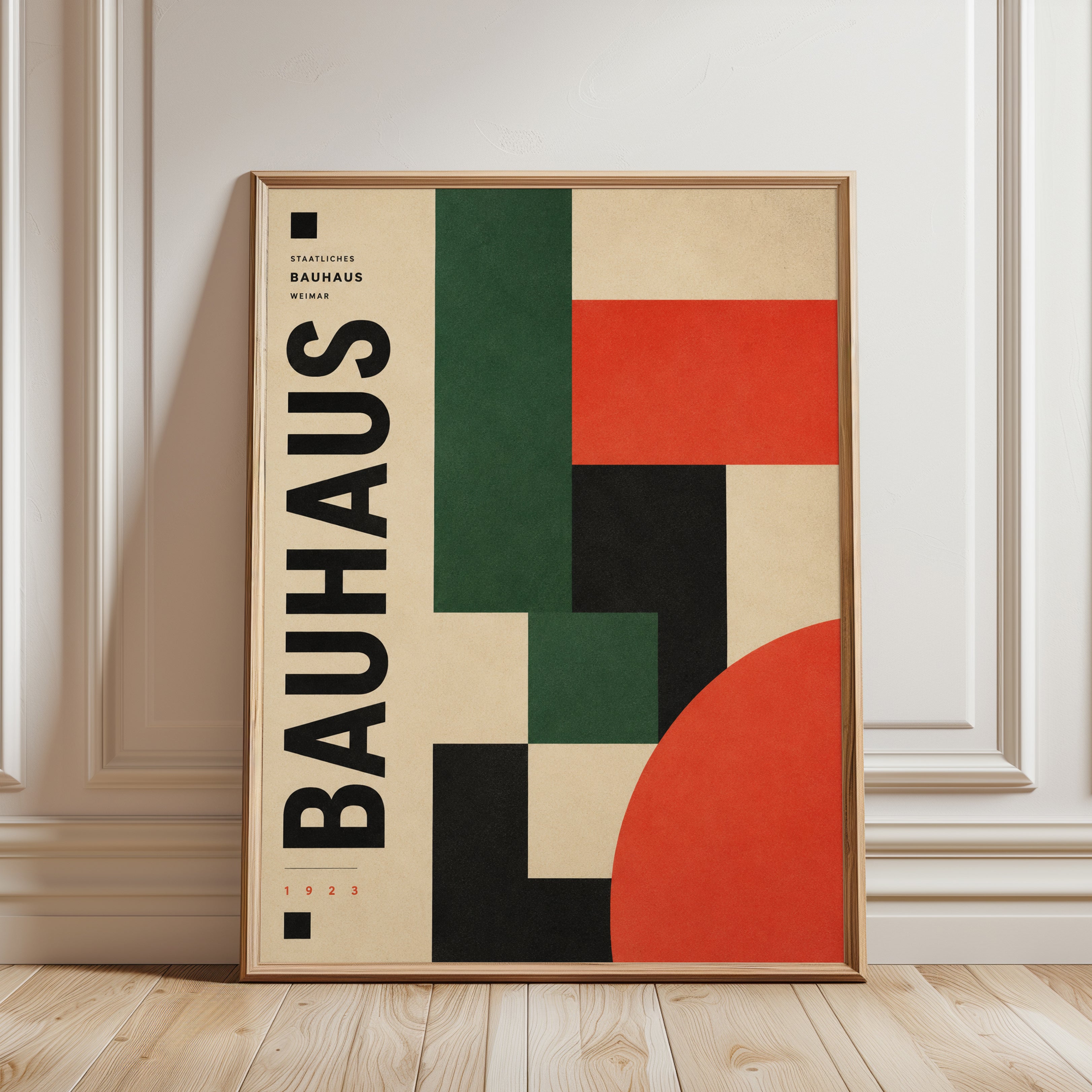 Bauhaus Geometric Art Print: Green Red Black Modernist Design - framed detail