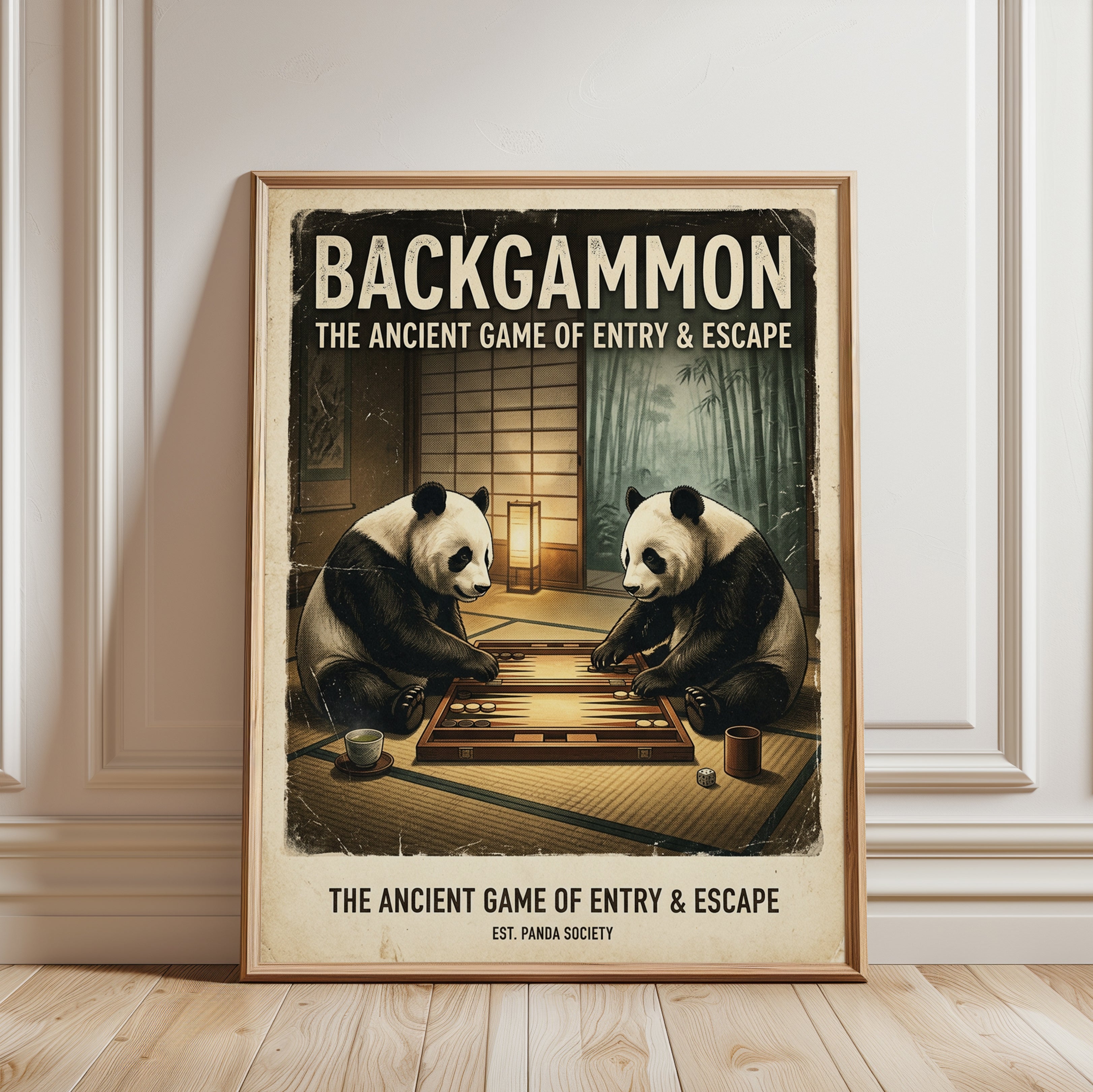 Backgammon Pandas Art Print: Vintage Japanese Game Room Poster - framed detail