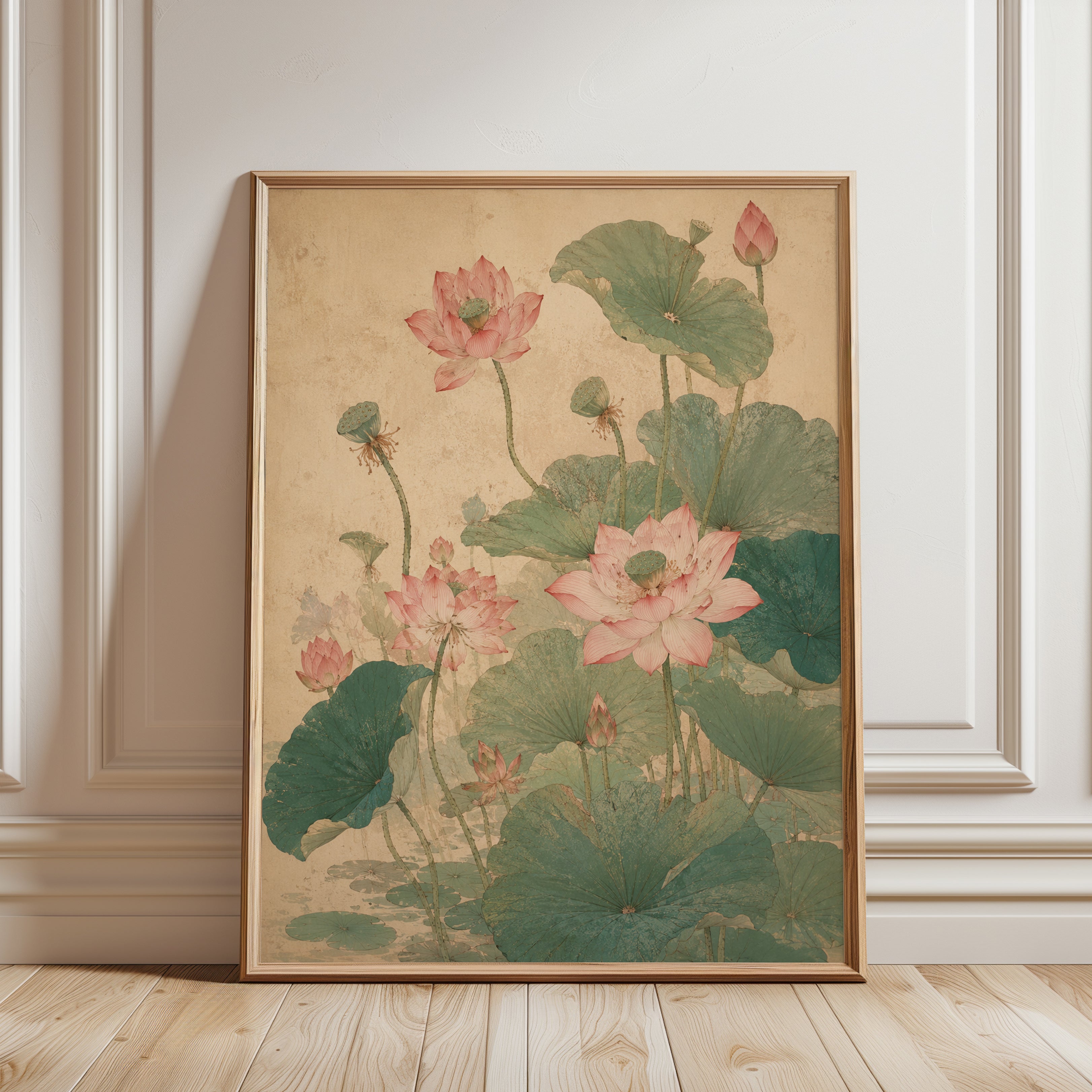 Pink Lotus Flowers Art Print: Vintage Asian Botanical Painting - framed detail