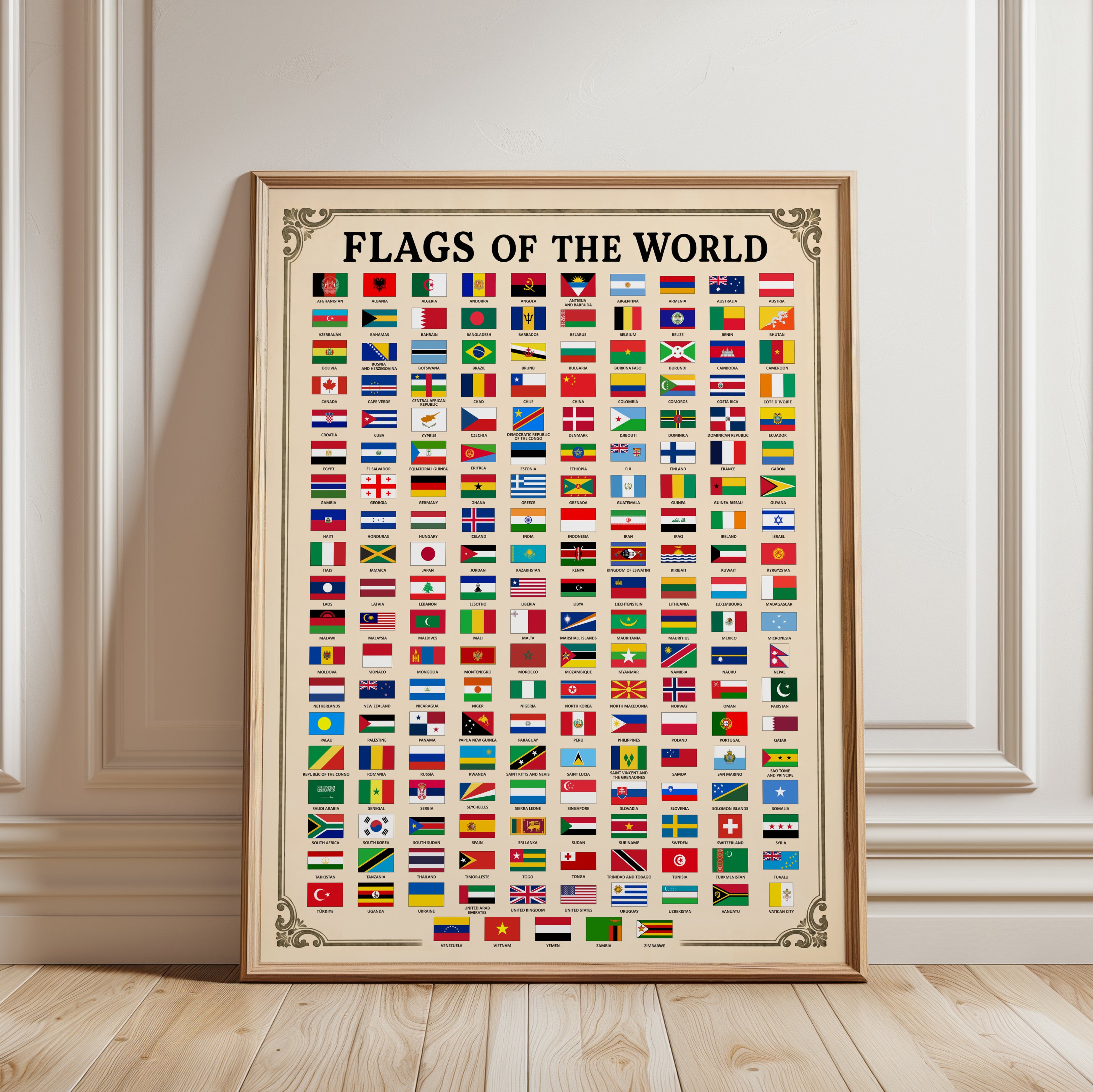 Flags of the World Poster – Educational Wall Art - framed detail