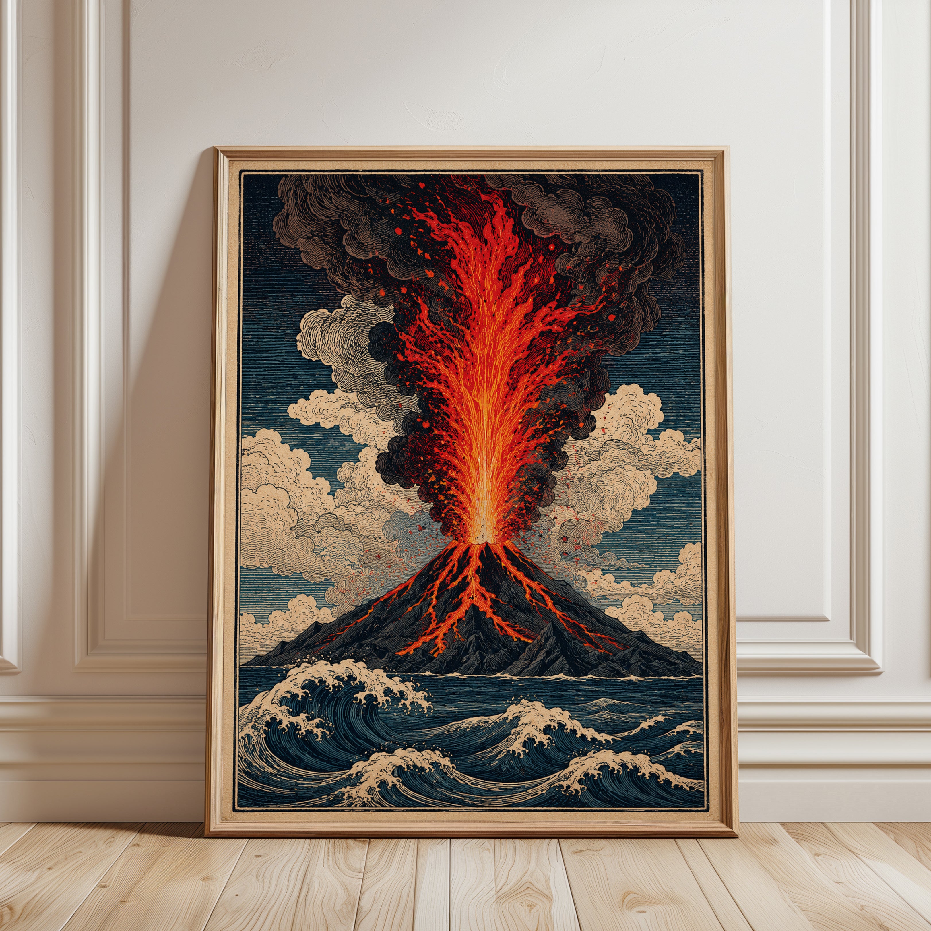 Volcano Eruption Japanese Art Print — Vintage Ukiyo-e Style - framed detail
