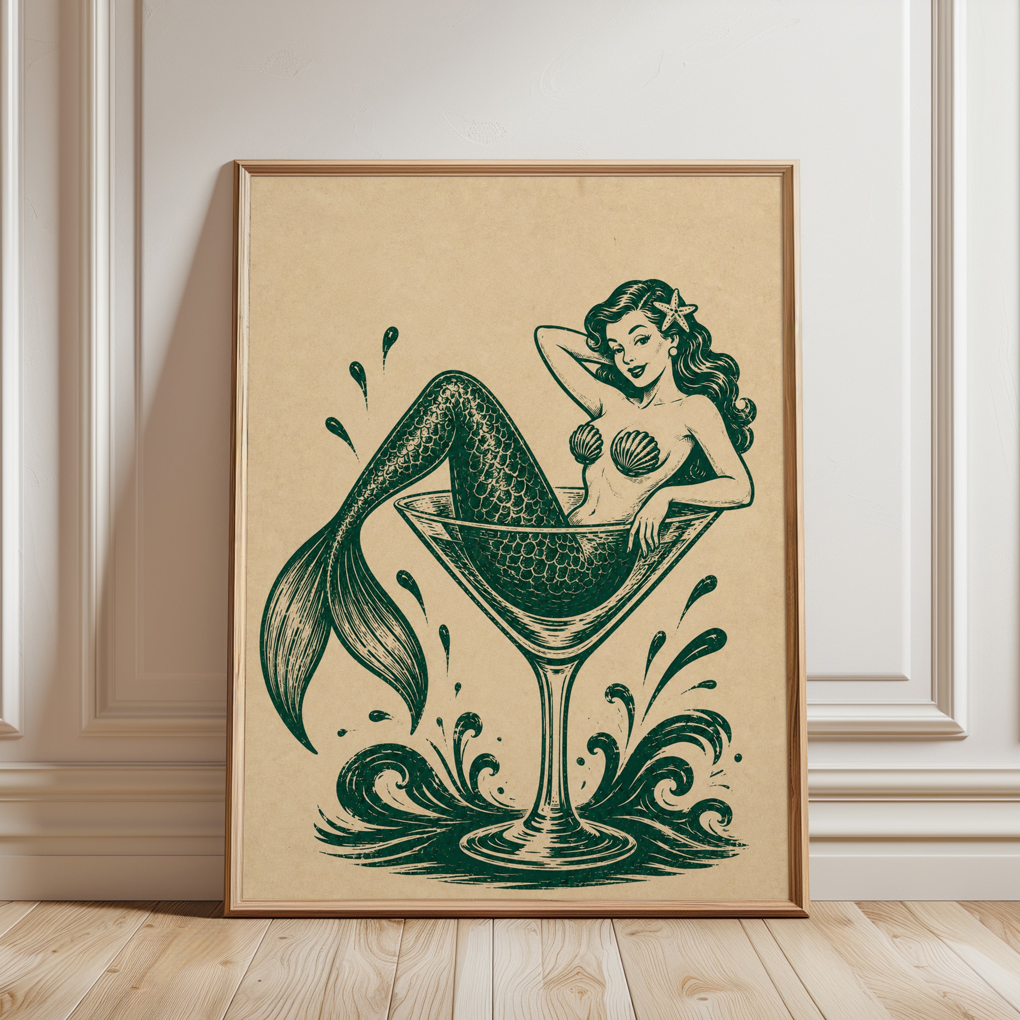 Mermaid Cocktail Print – Retro Bar Wall Art - framed detail
