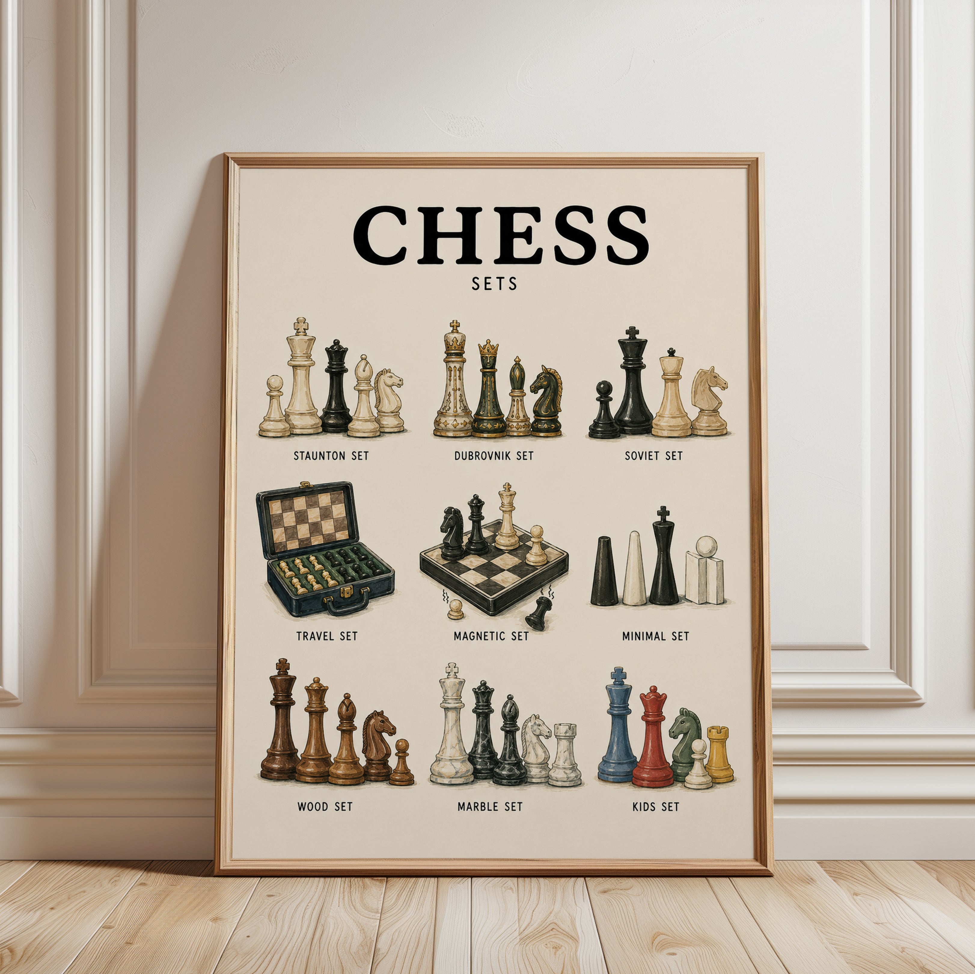 Chess Sets Illustration Print — Vintage Educational Guide - framed detail