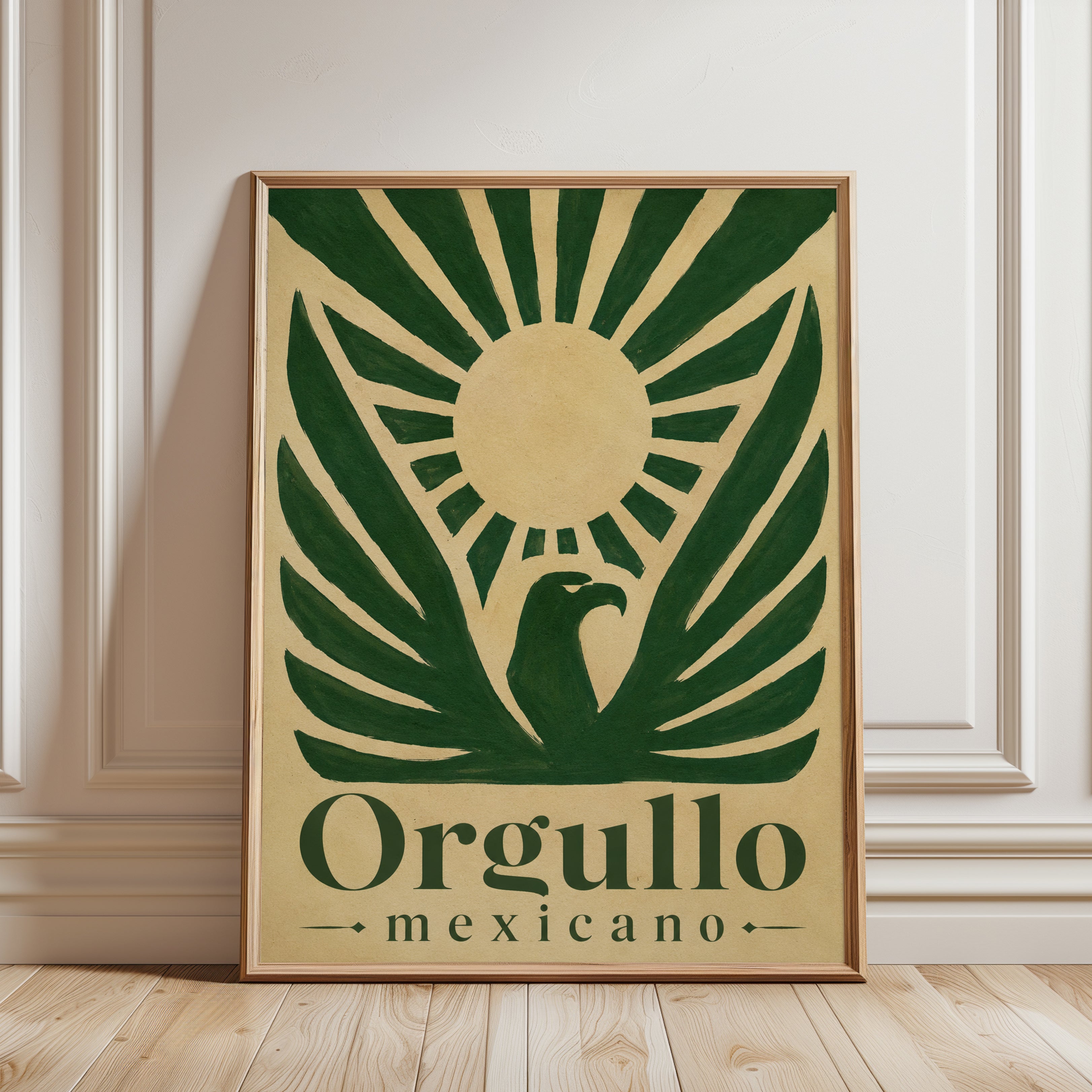 Mexican Eagle Art Print: Vintage Green Sunburst Propaganda Poster - framed detail