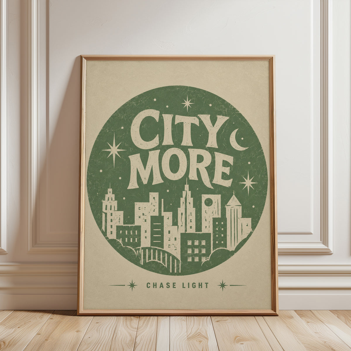 City More Chase Light Poster: Retro Green Typography Art Print - framed detail