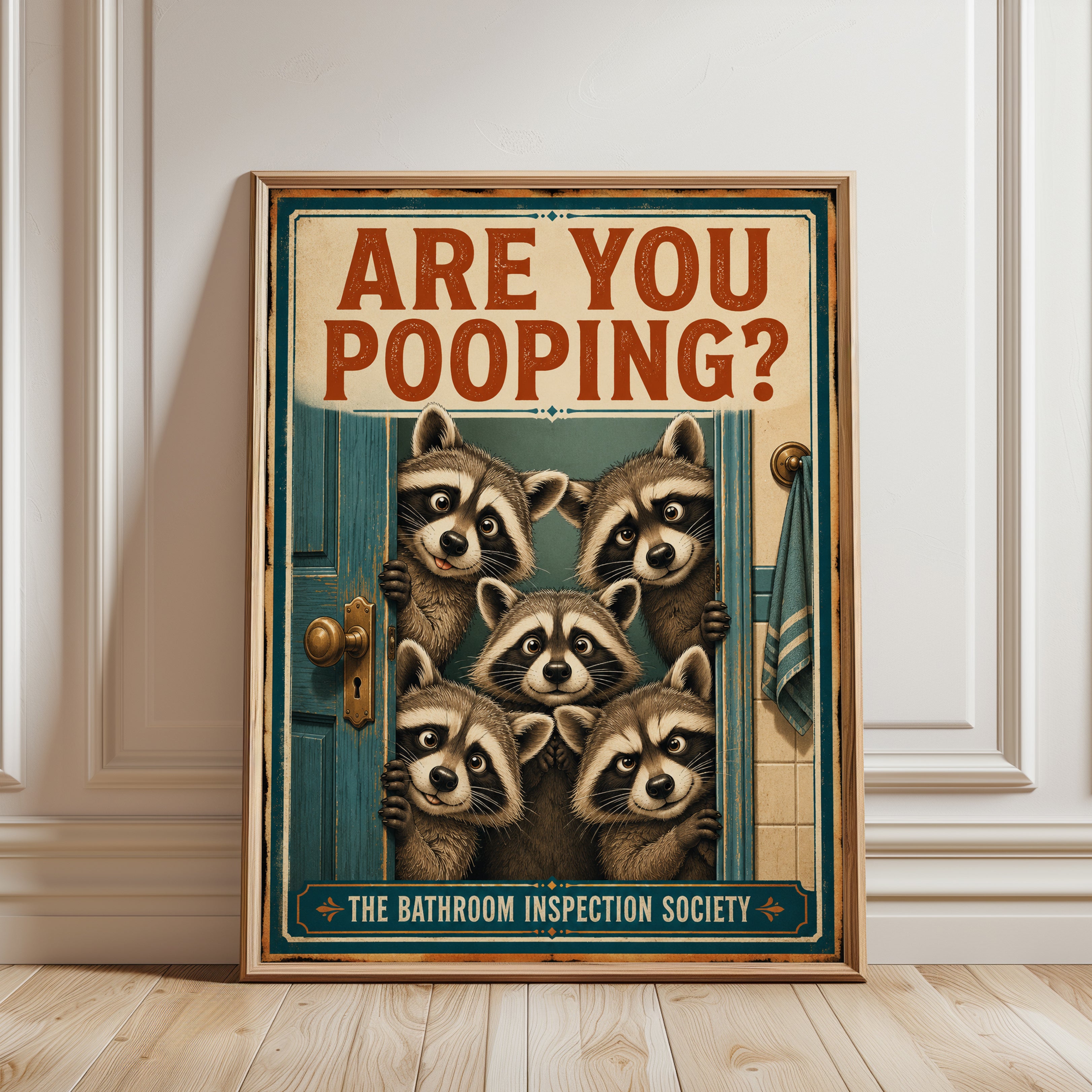 Vintage Raccoon Bathroom Wall Art - framed detail