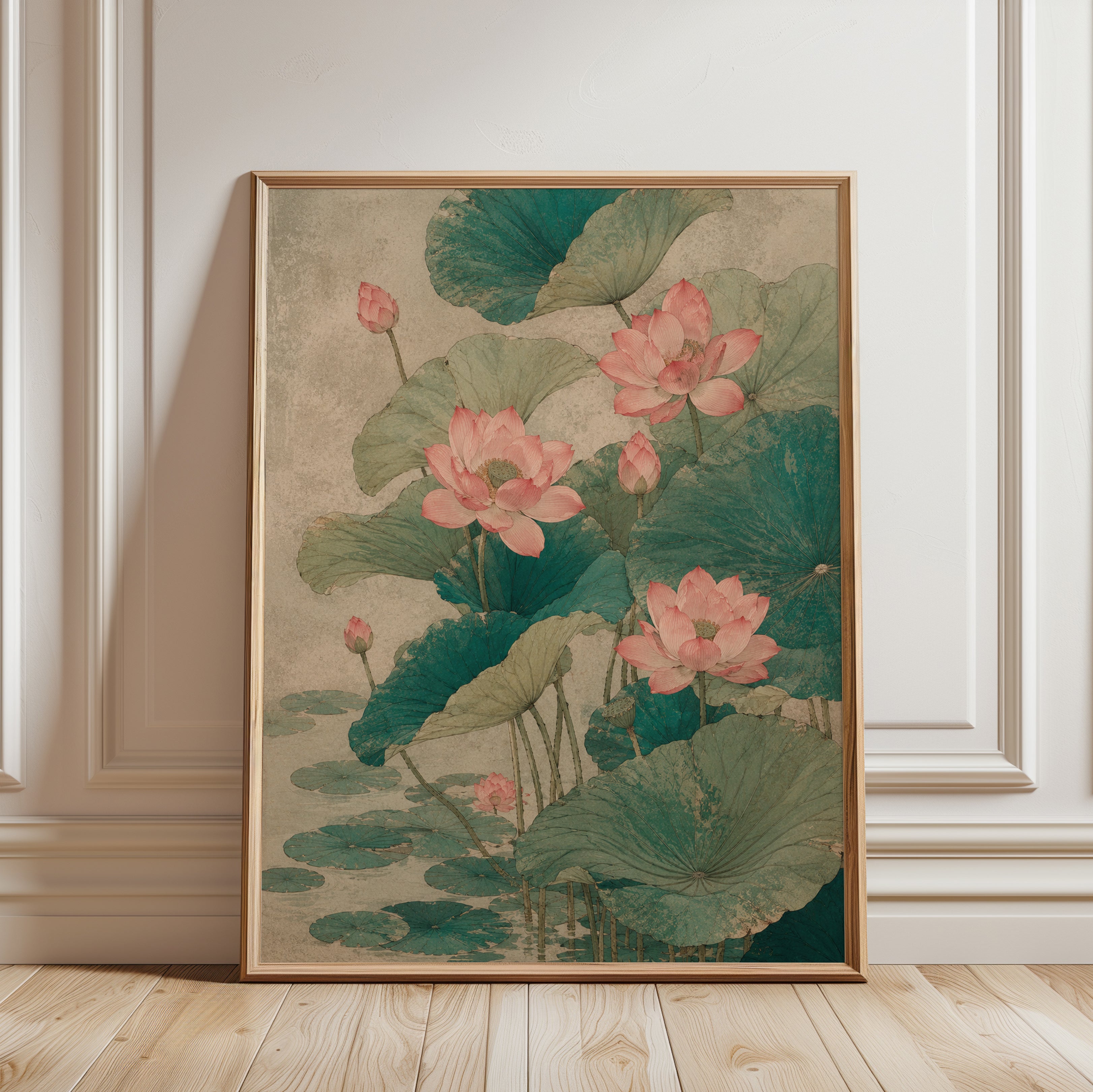 Pink Lotus Flowers Wall Art: Vintage Asian Botanical Print - framed detail