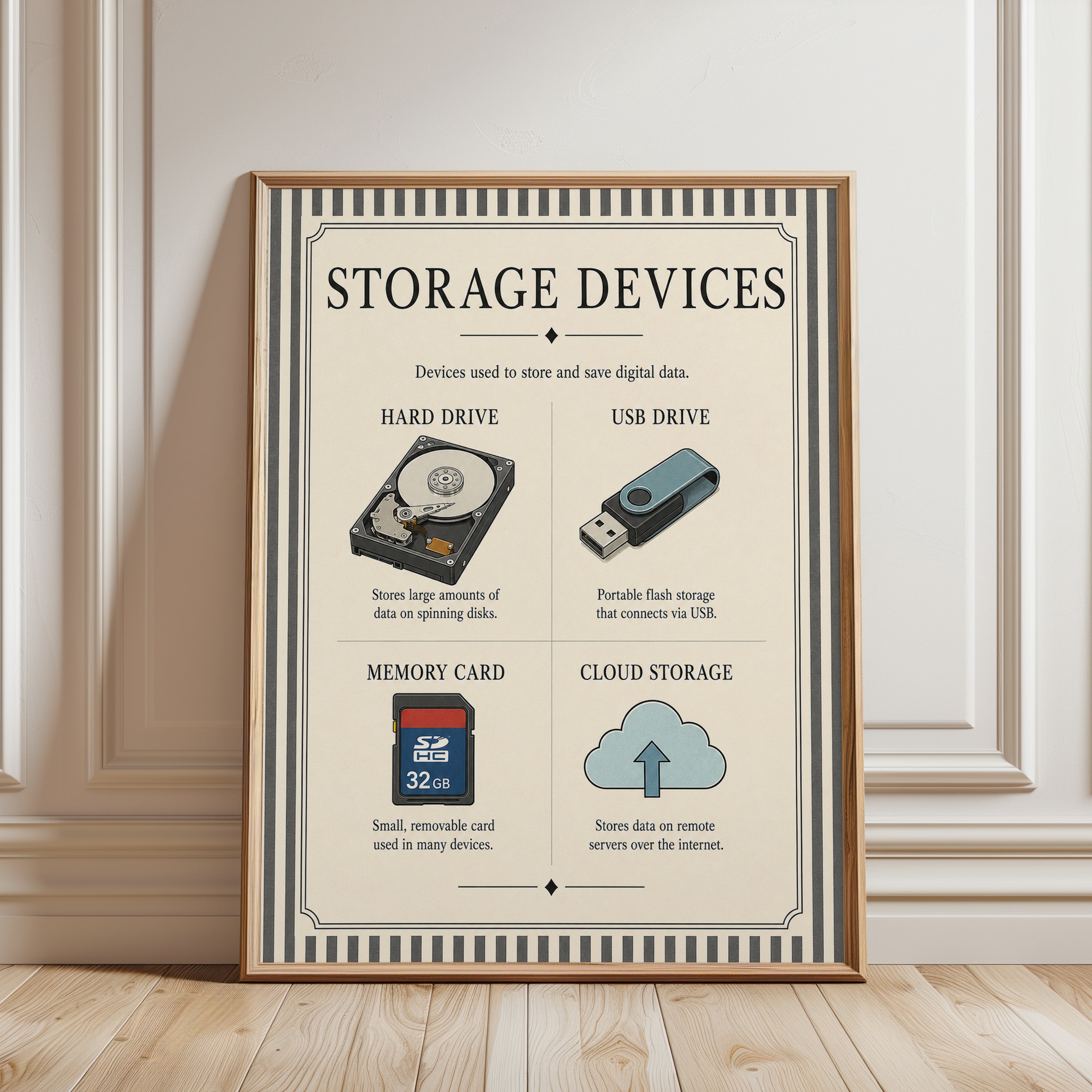 Storage Devices Educational Poster: Vintage Tech Infographic Print - framed detail