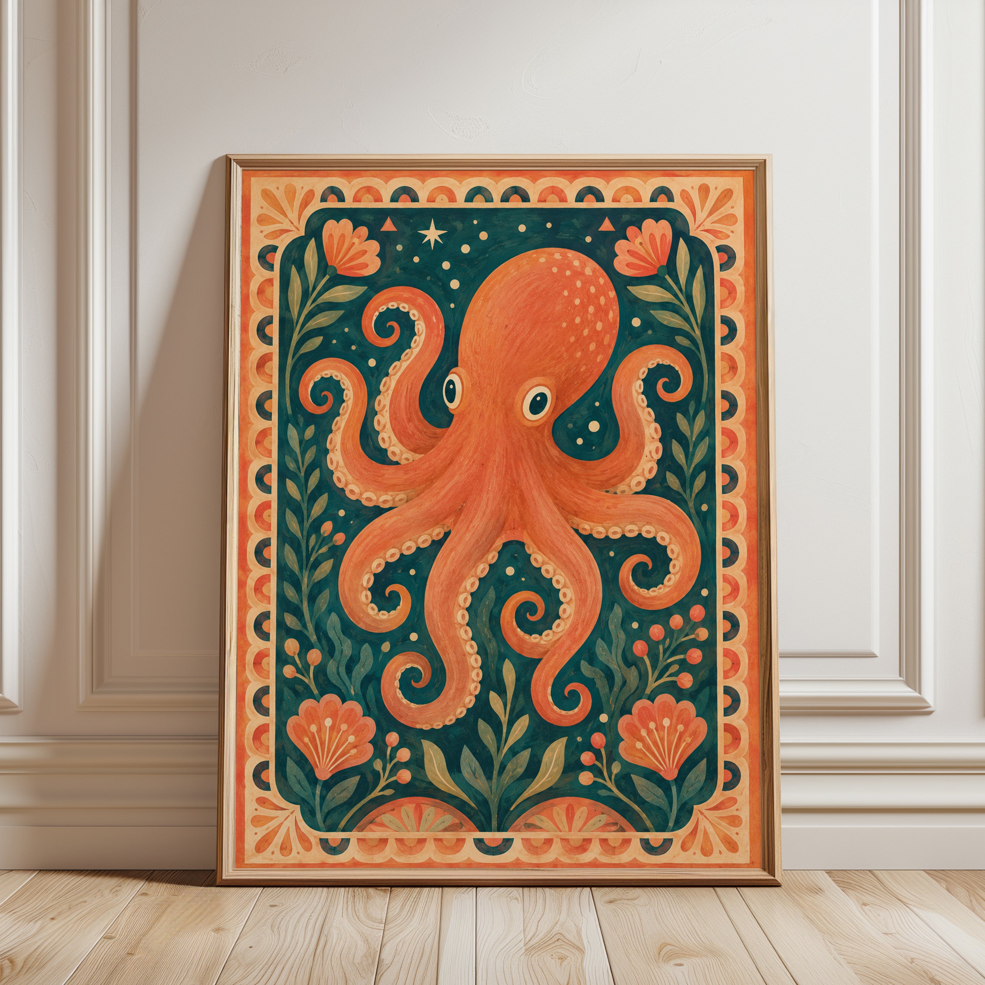 Octopus Wall Art – Vintage Folk Art Print - framed detail