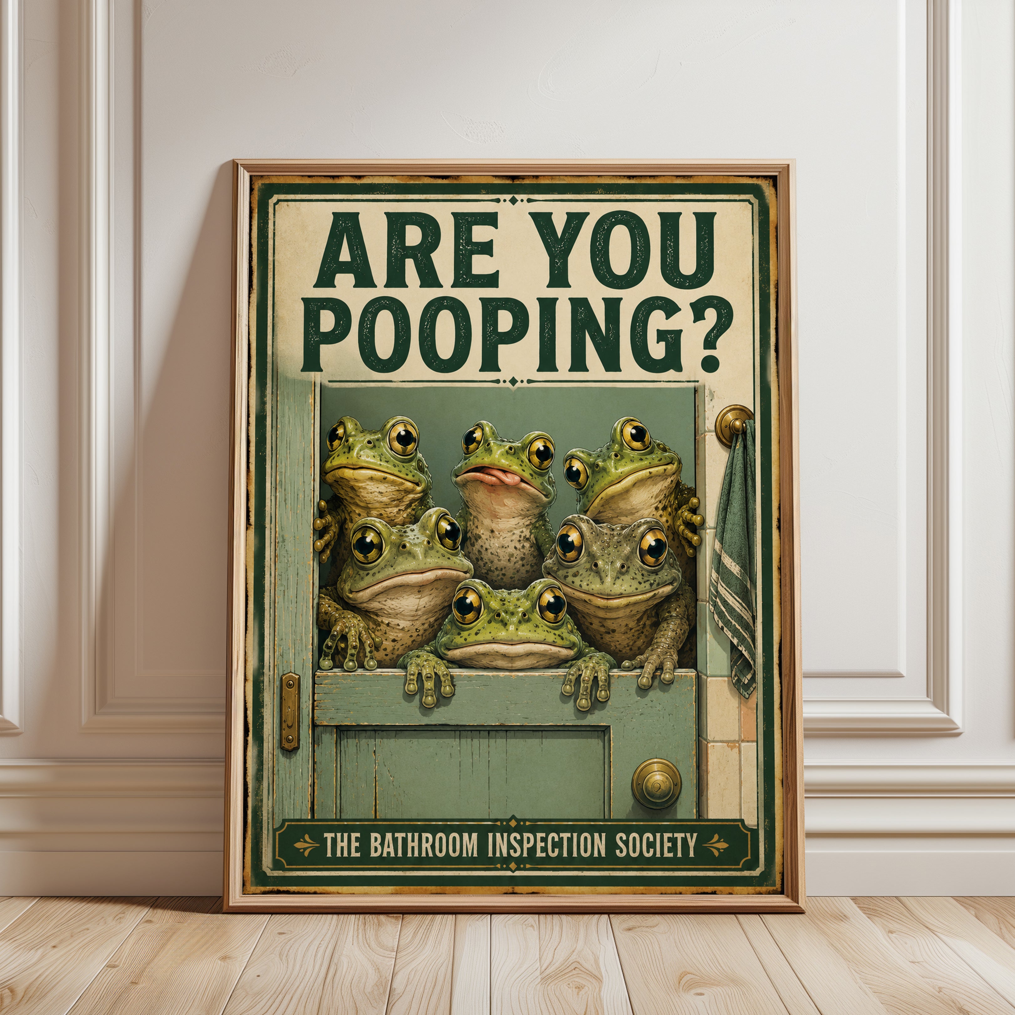 Bathroom Frog Print: Retro Humor Wall Art (Funny Pooping Sign) - framed detail