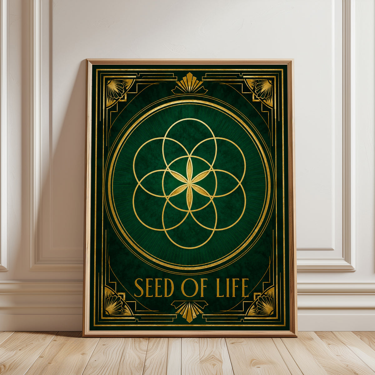 Seed of Life Wall Art: Modern Spiritual Geometry (Gold & Green) - framed detail