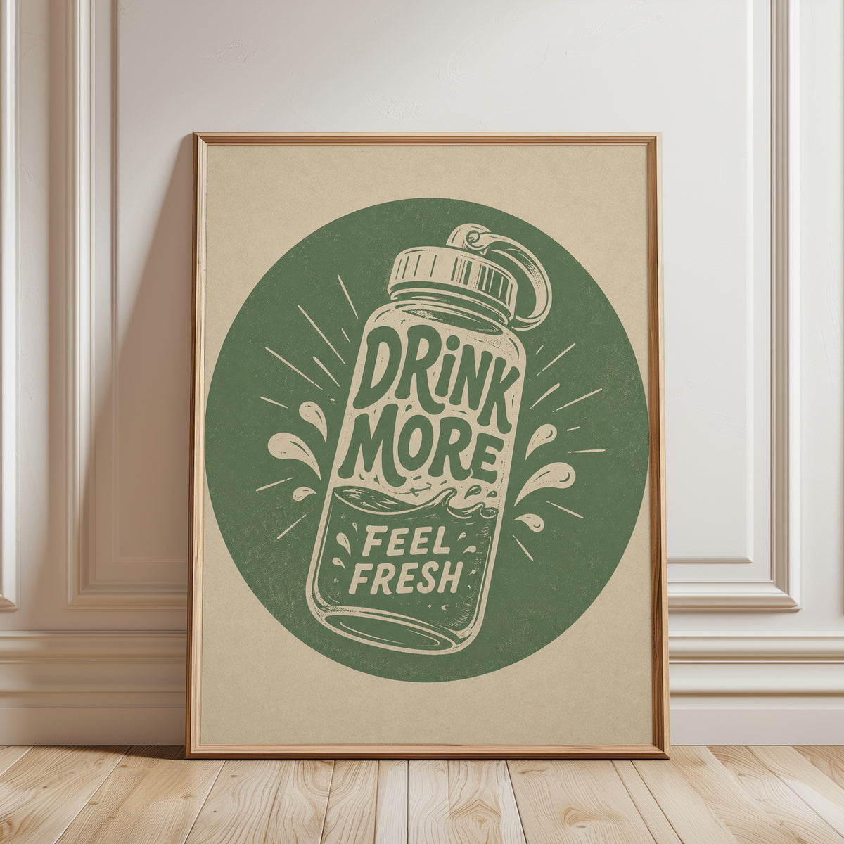 Drink More Water Wall Art – Retro Bottle Design - framed detail