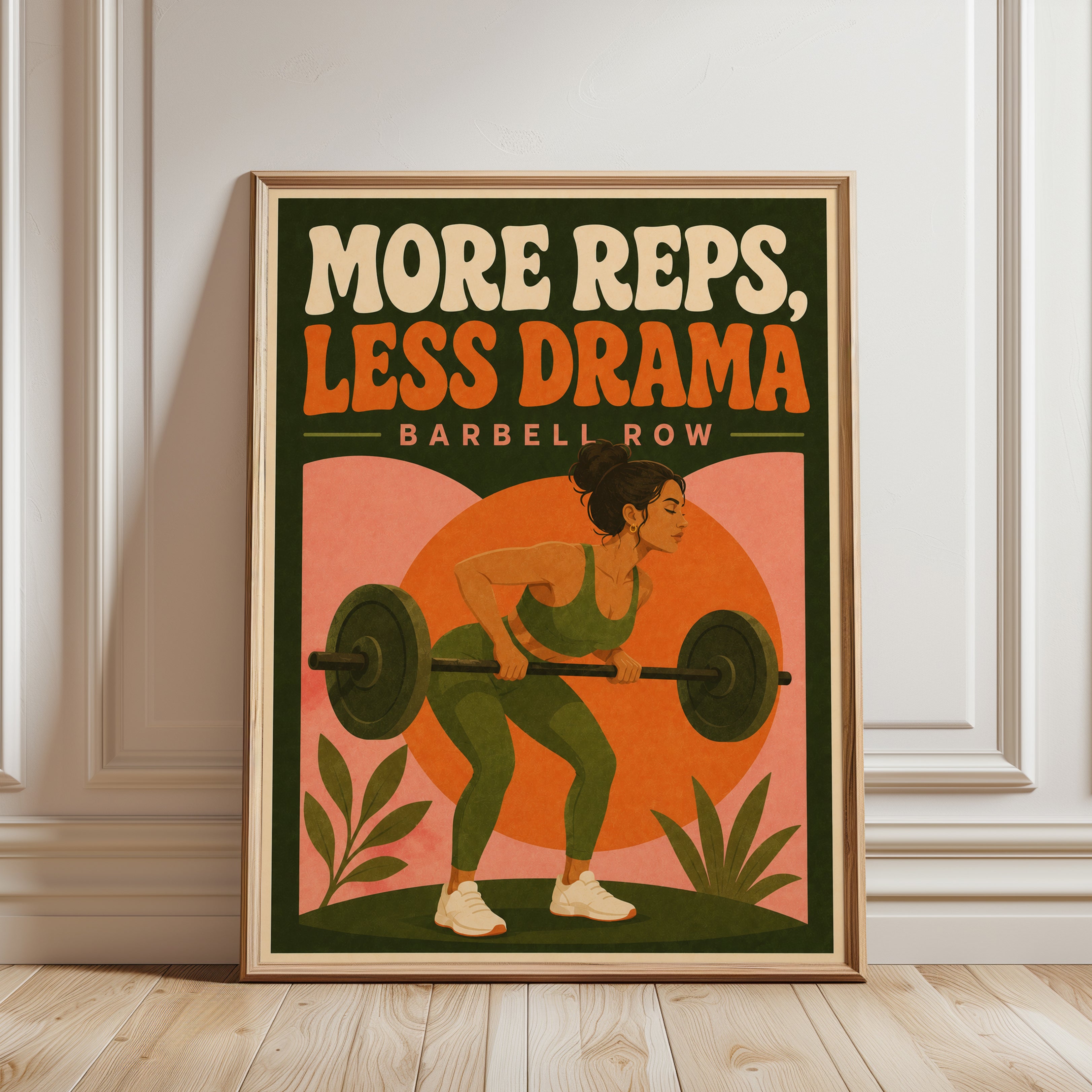 Barbell Row Fitness Poster: Retro Gym Motivation Wall Art - framed detail