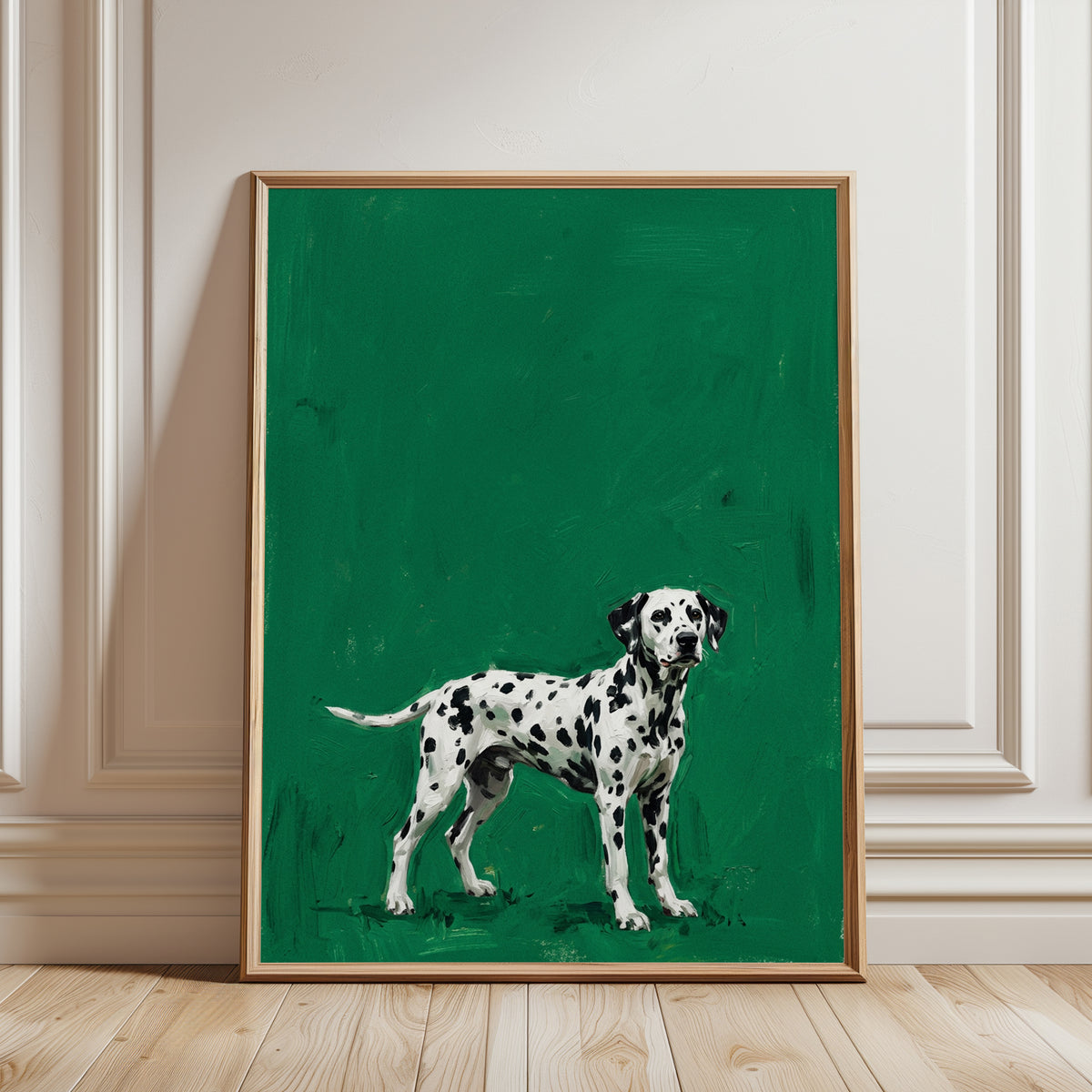 Dalmatian Dog Portrait Print — Bold Green Background - framed detail