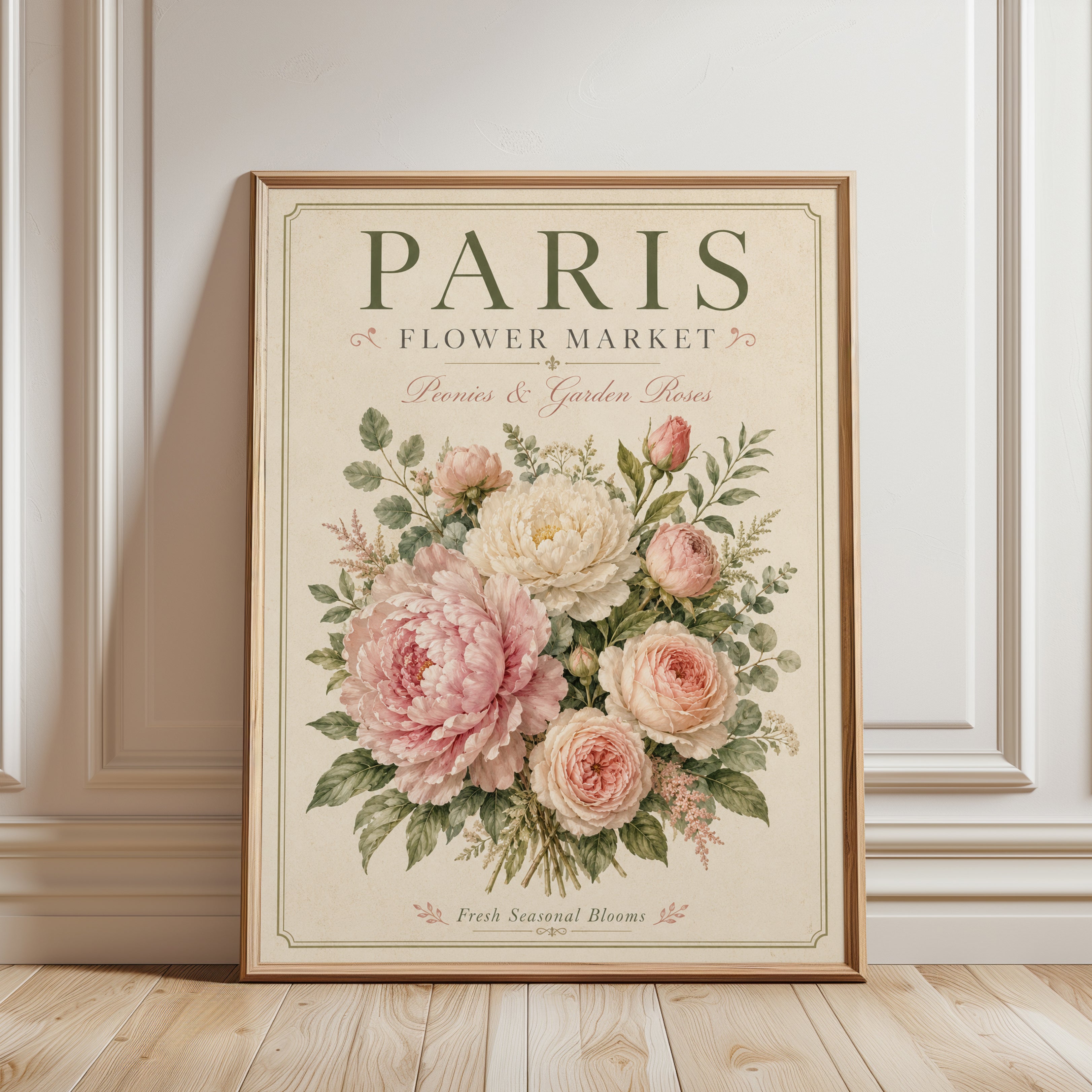 Paris Flower Market Print — Vintage Botanical Peonies & Roses - framed detail