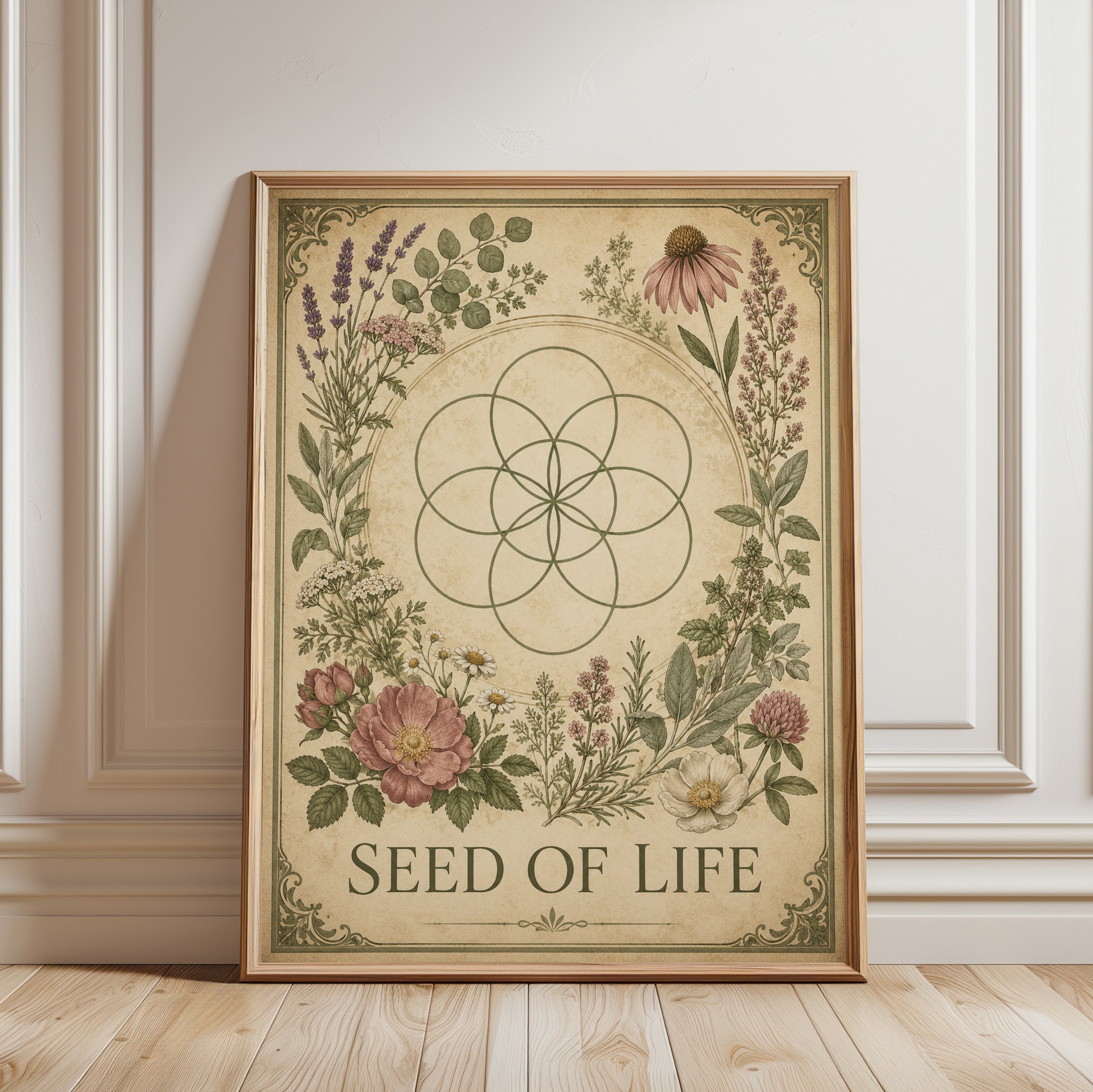 Seed of Life Botanical Print: Sacred Geometry with Wildflowers - framed detail