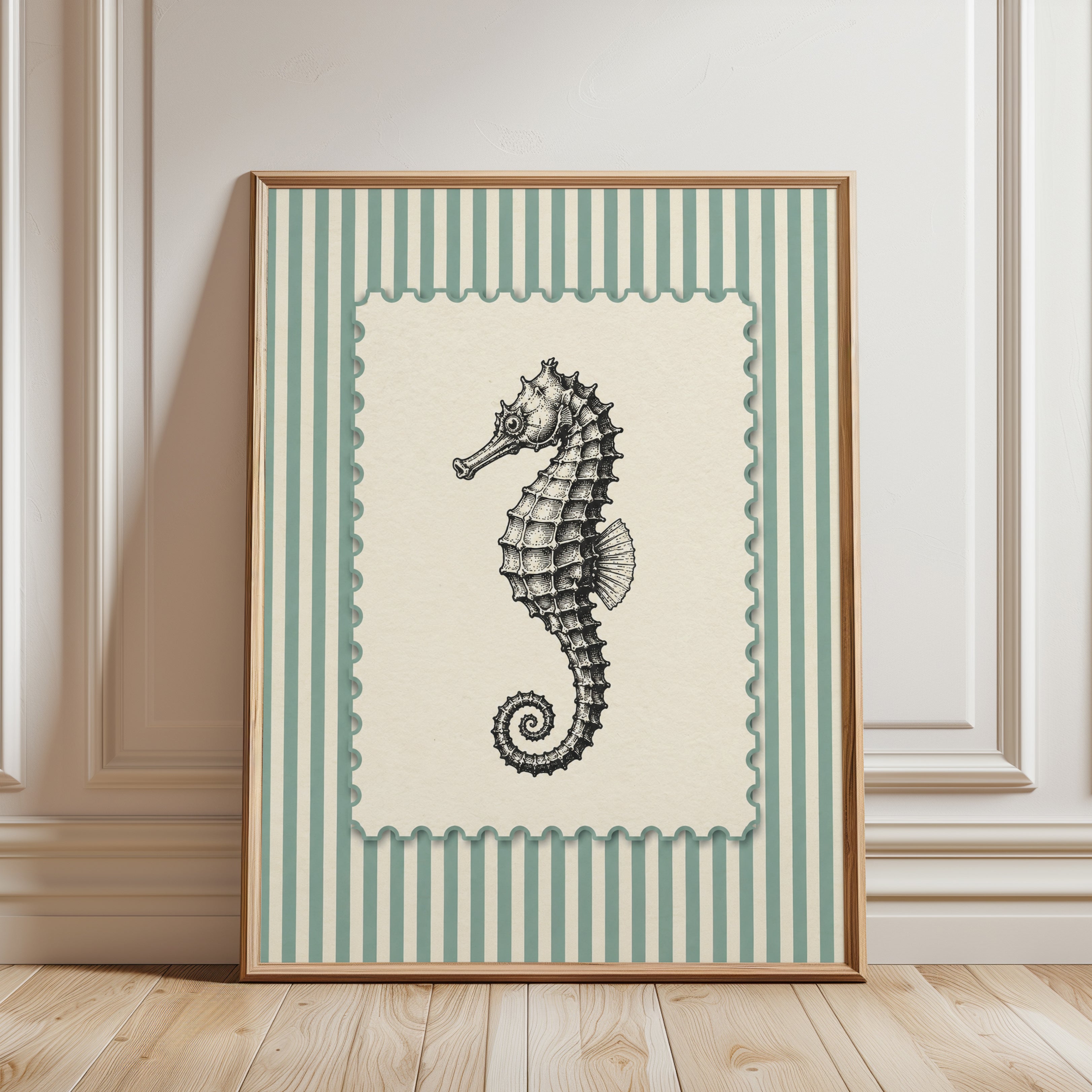 Seahorse Wall Art – Coastal Bathroom Decor - framed detail