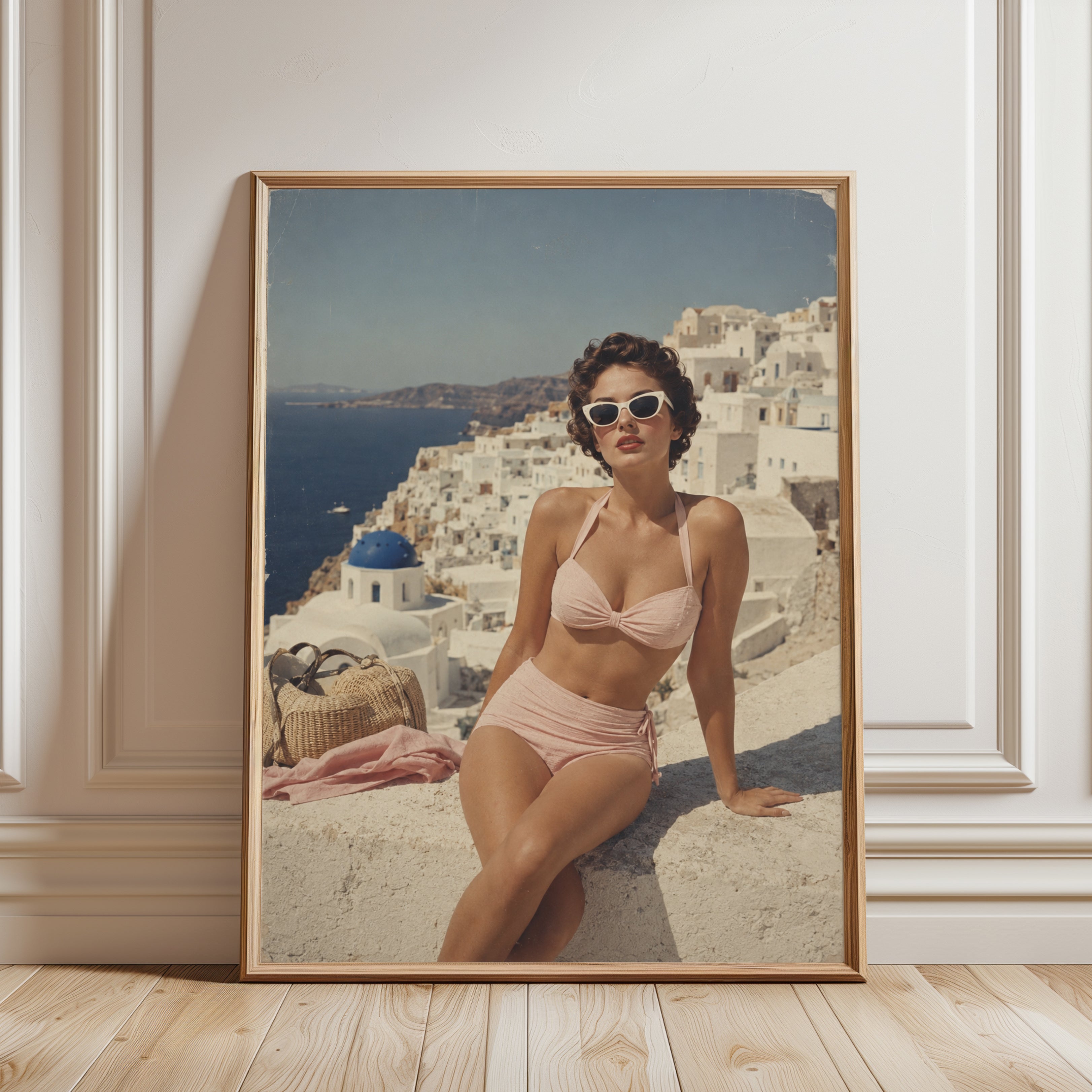 Vintage Santorini Summer Print: Retro Mediterranean Travel Poster - framed detail