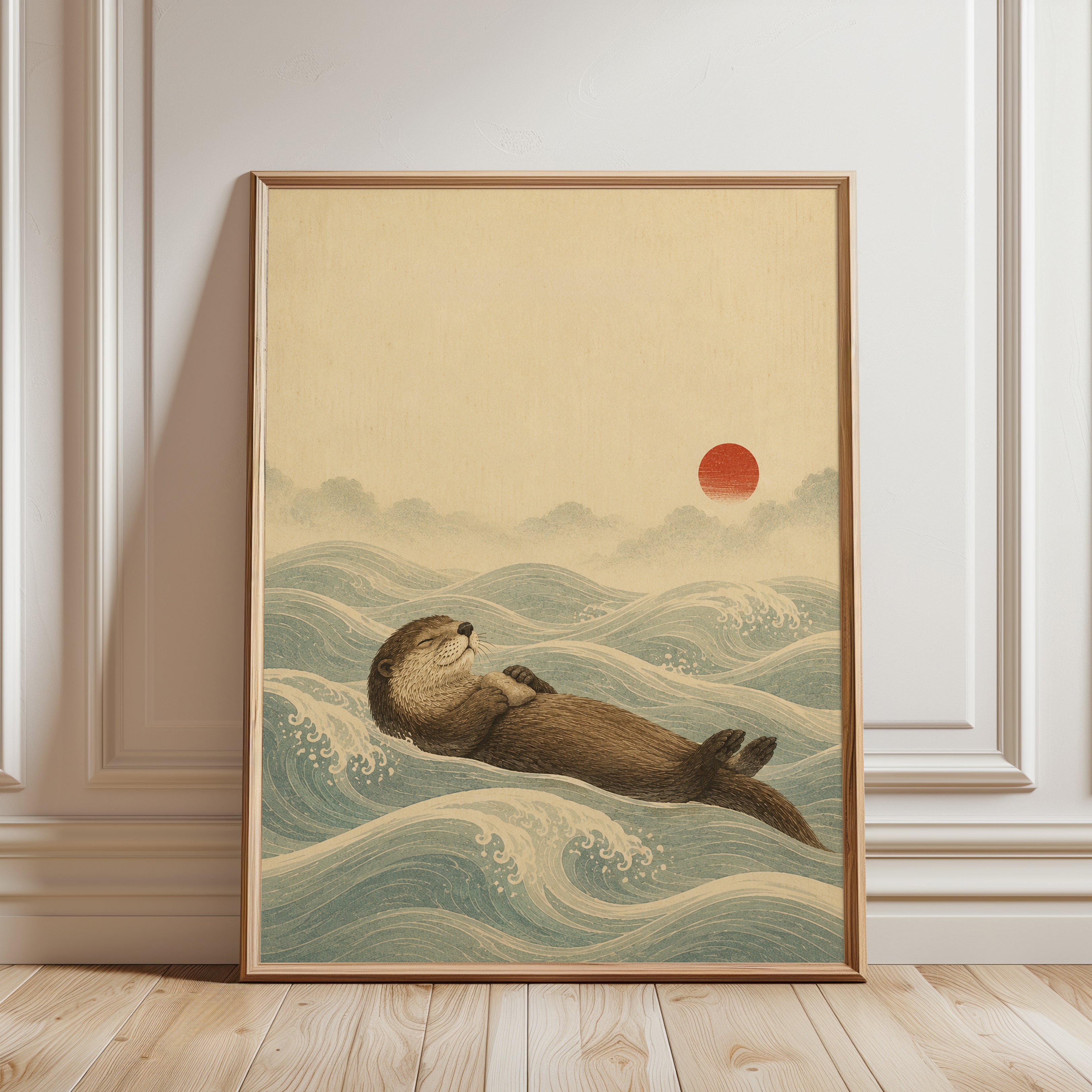 Sea Otter Japanese Wave Art Print - framed detail