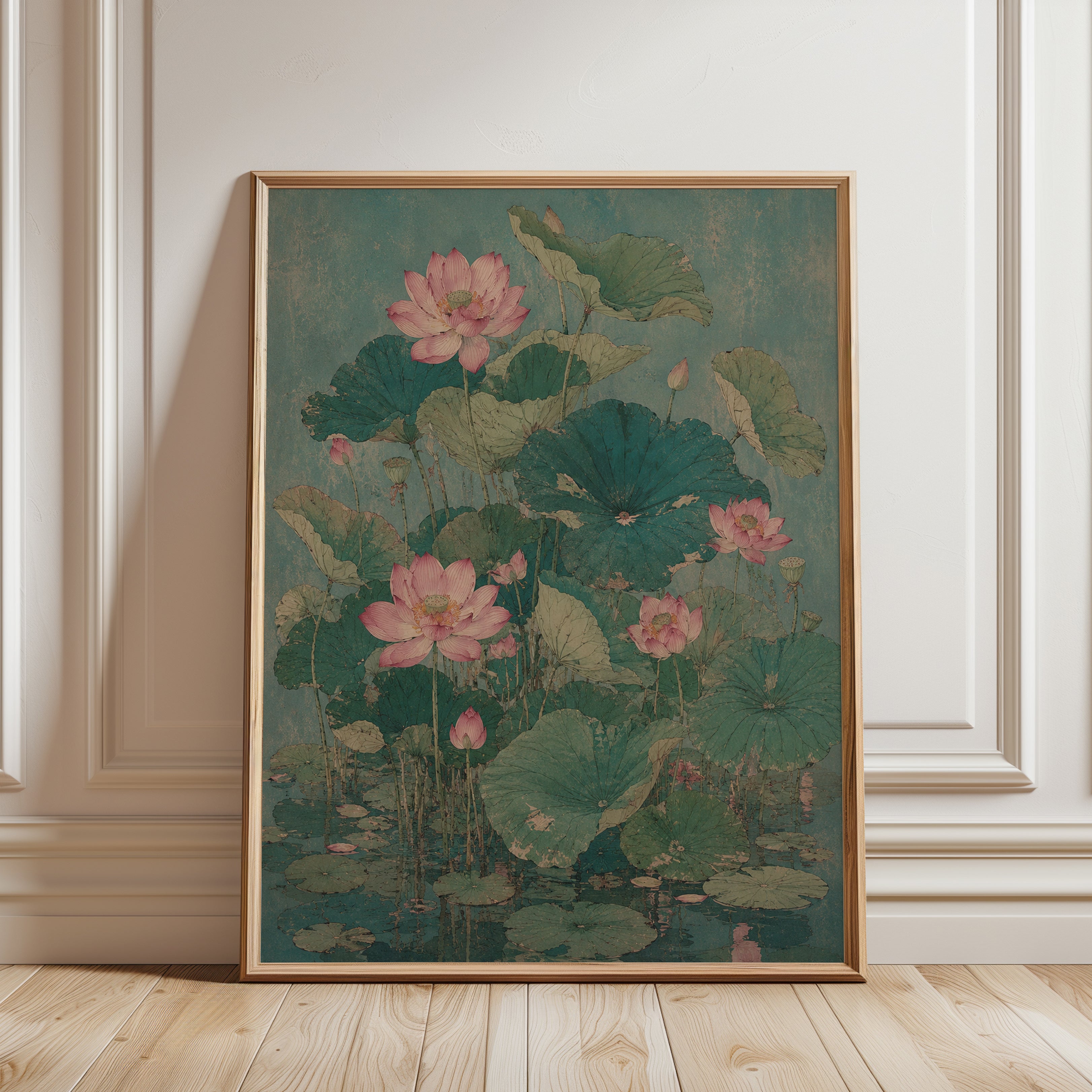 Pink Lotus Flowers Art Print: Vintage Asian Botanical Style - framed detail