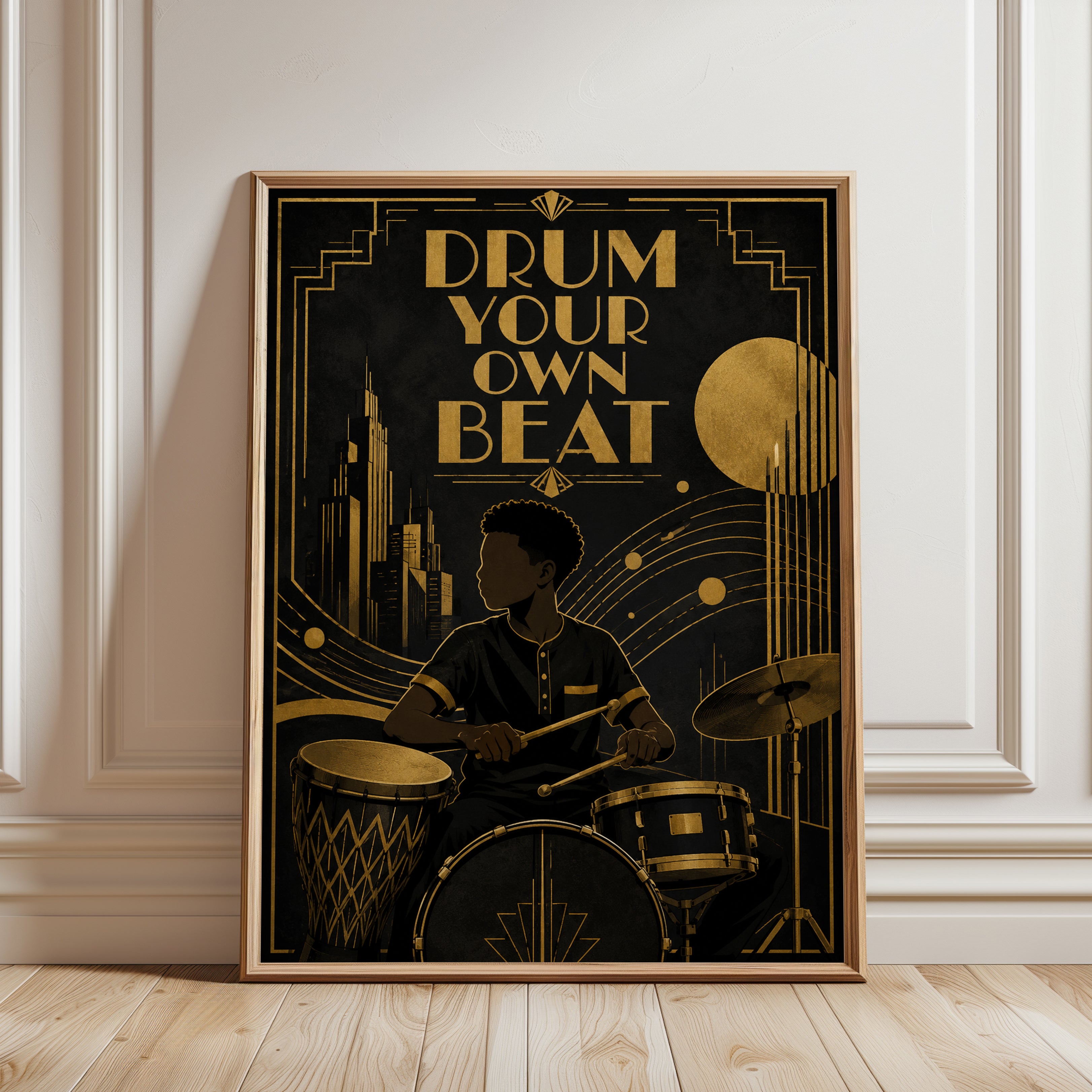 Drum Your Own Beat Art Deco Poster: Gold and Black Music Print - framed detail