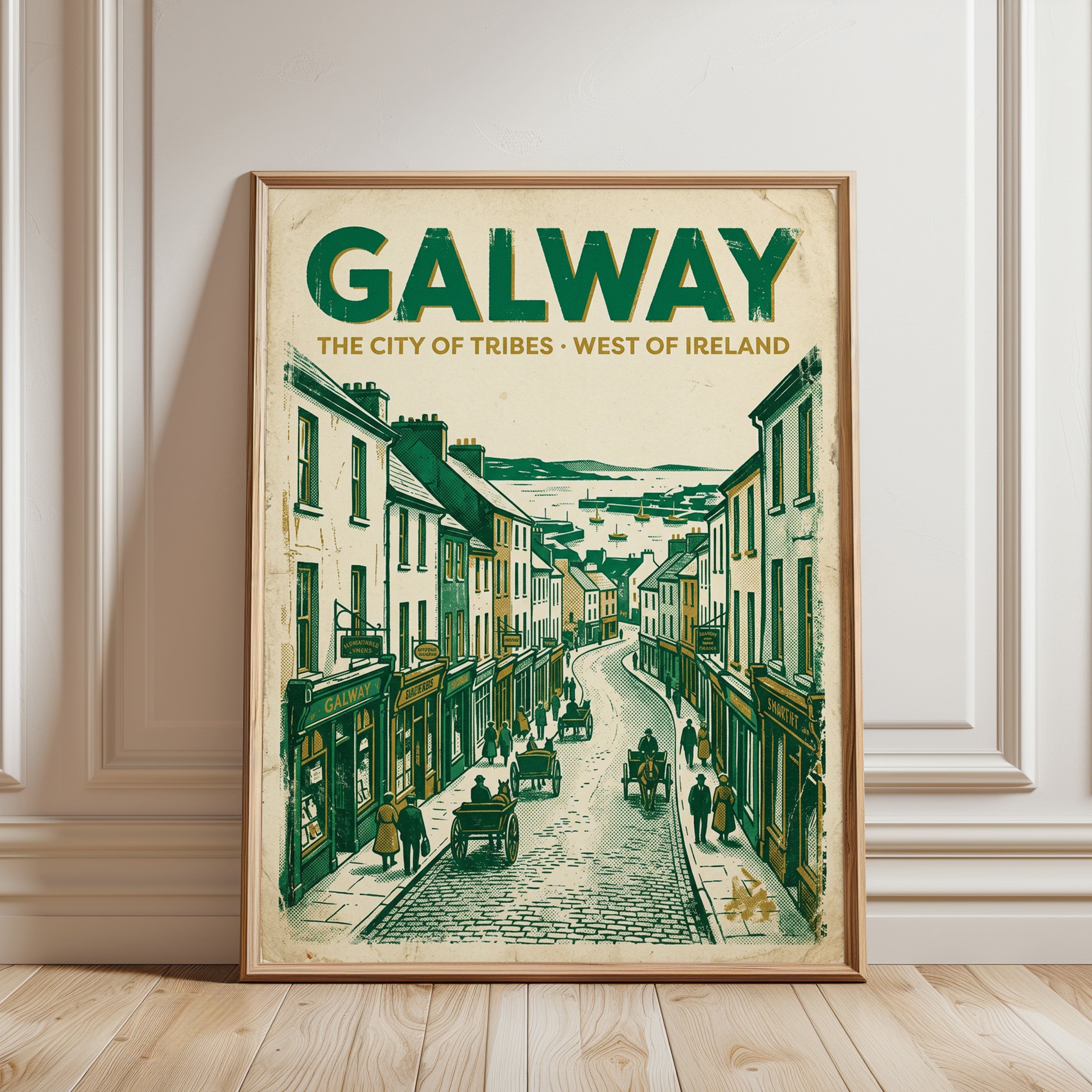 Galway Ireland Travel Poster: Vintage Green Street Scene Art Print - framed detail