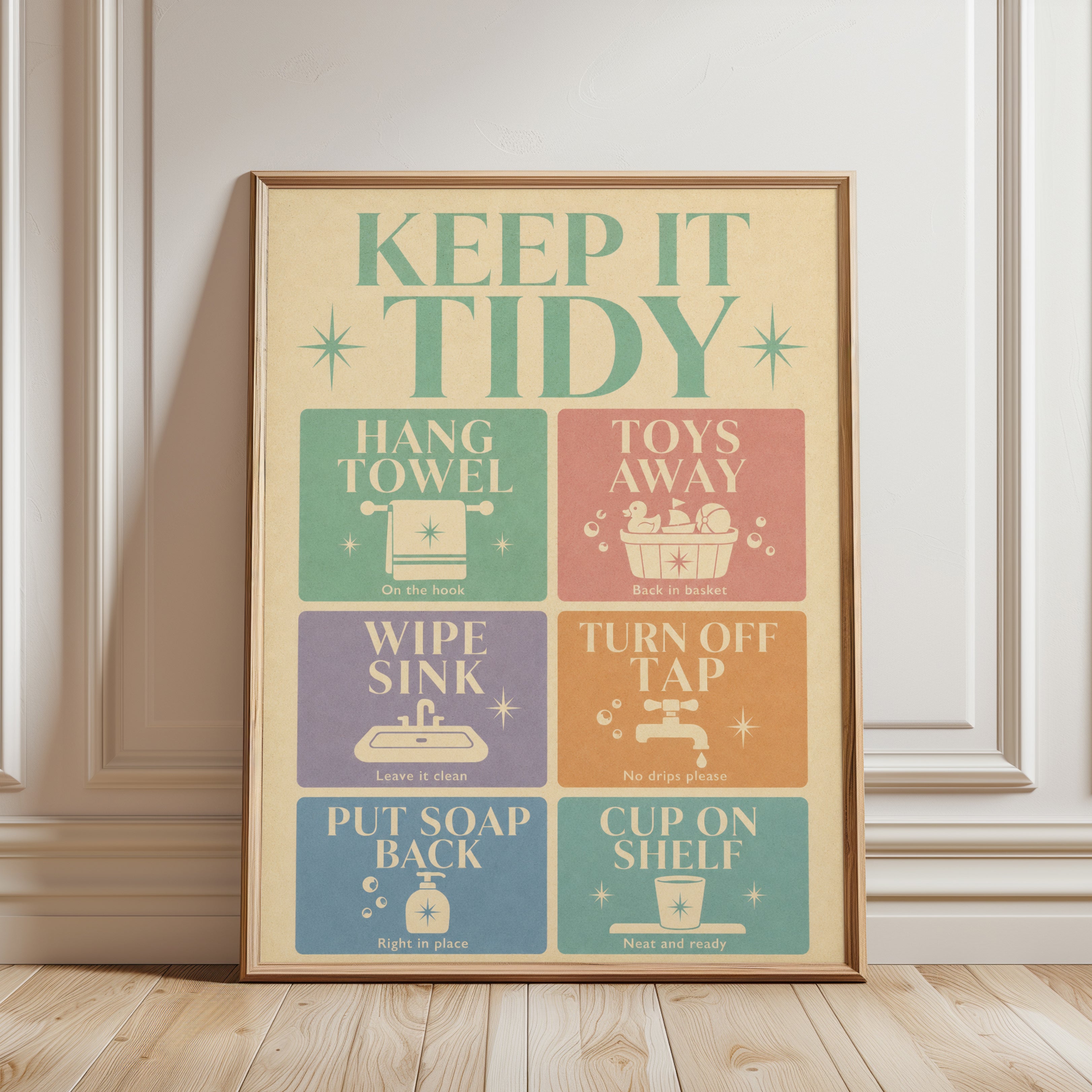 Retro Bathroom Rules Print: Kids Wall Art with Fun Reminders - framed detail