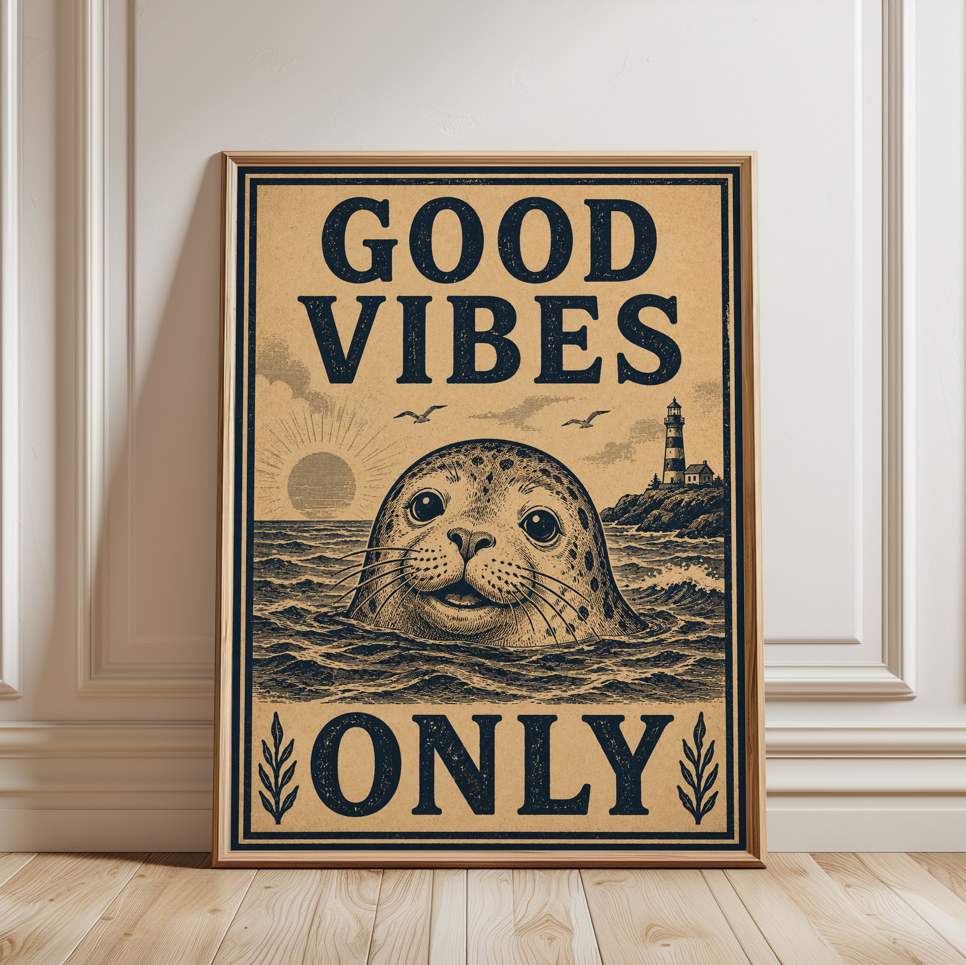 Seal Print: Vintage Coastal and Nautical Wall Art (Ocean Lover Decor) - framed detail