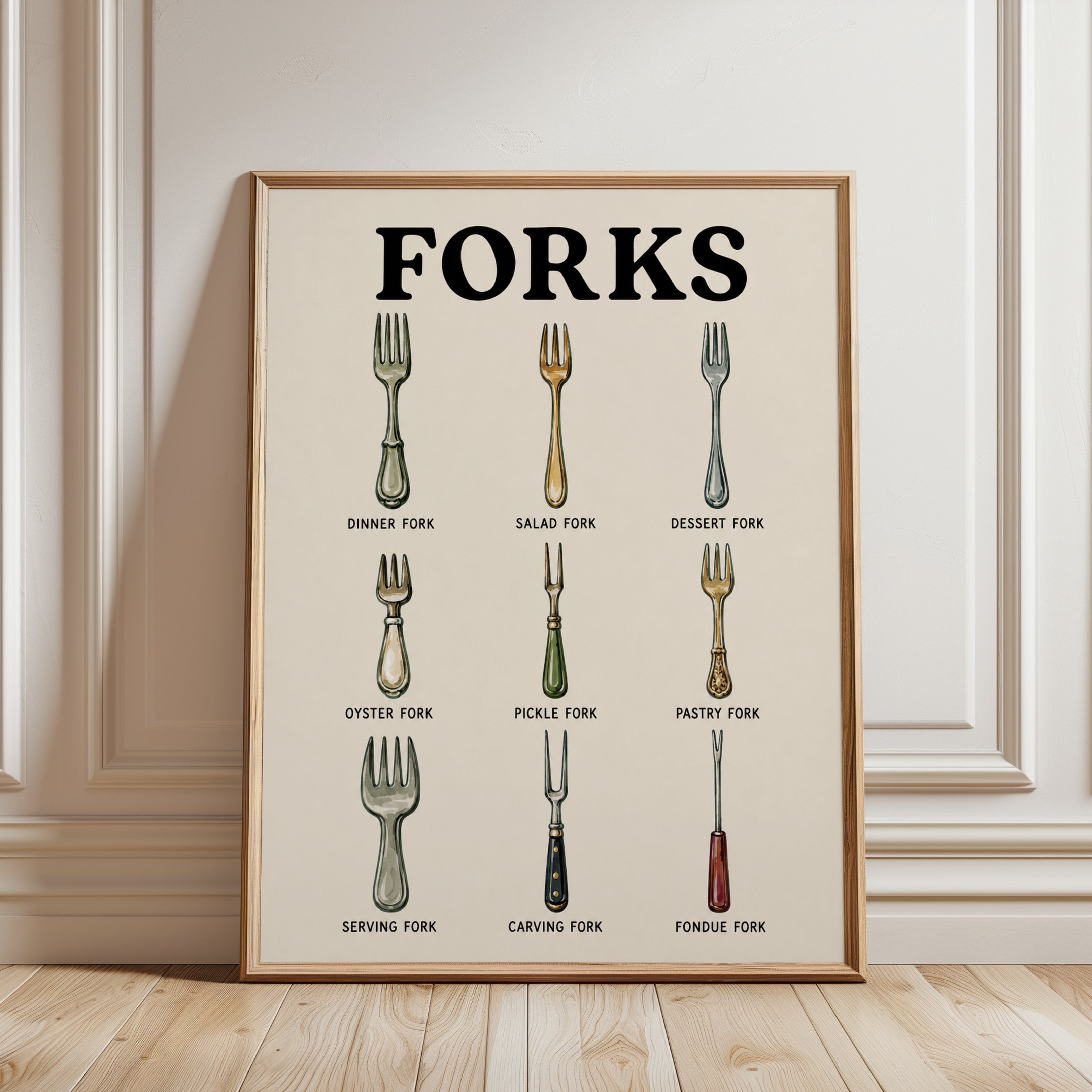 Fork Types Kitchen Print – Culinary Wall Art - framed detail