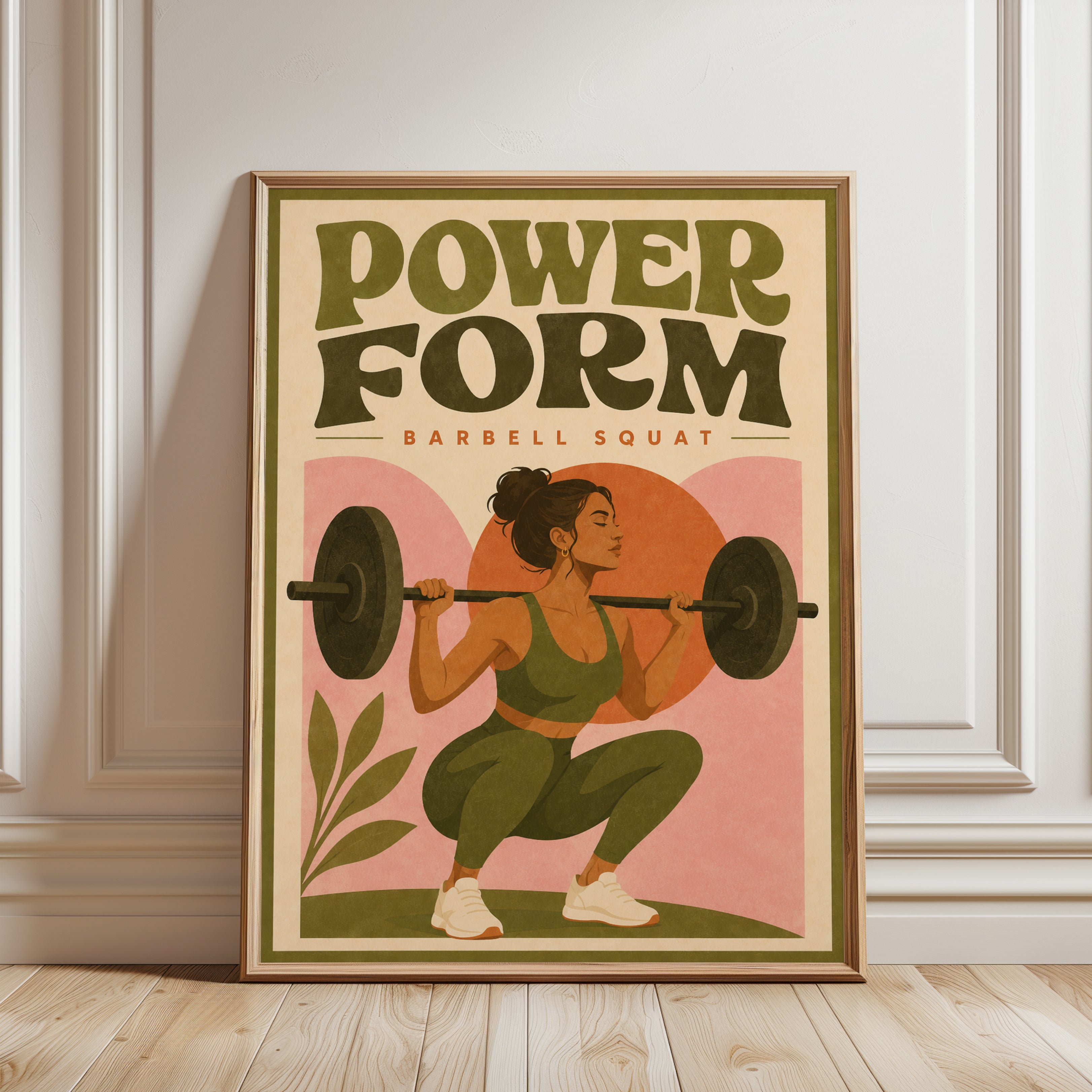 Power Form Barbell Squat Poster: Retro Fitness Wall Art - framed detail