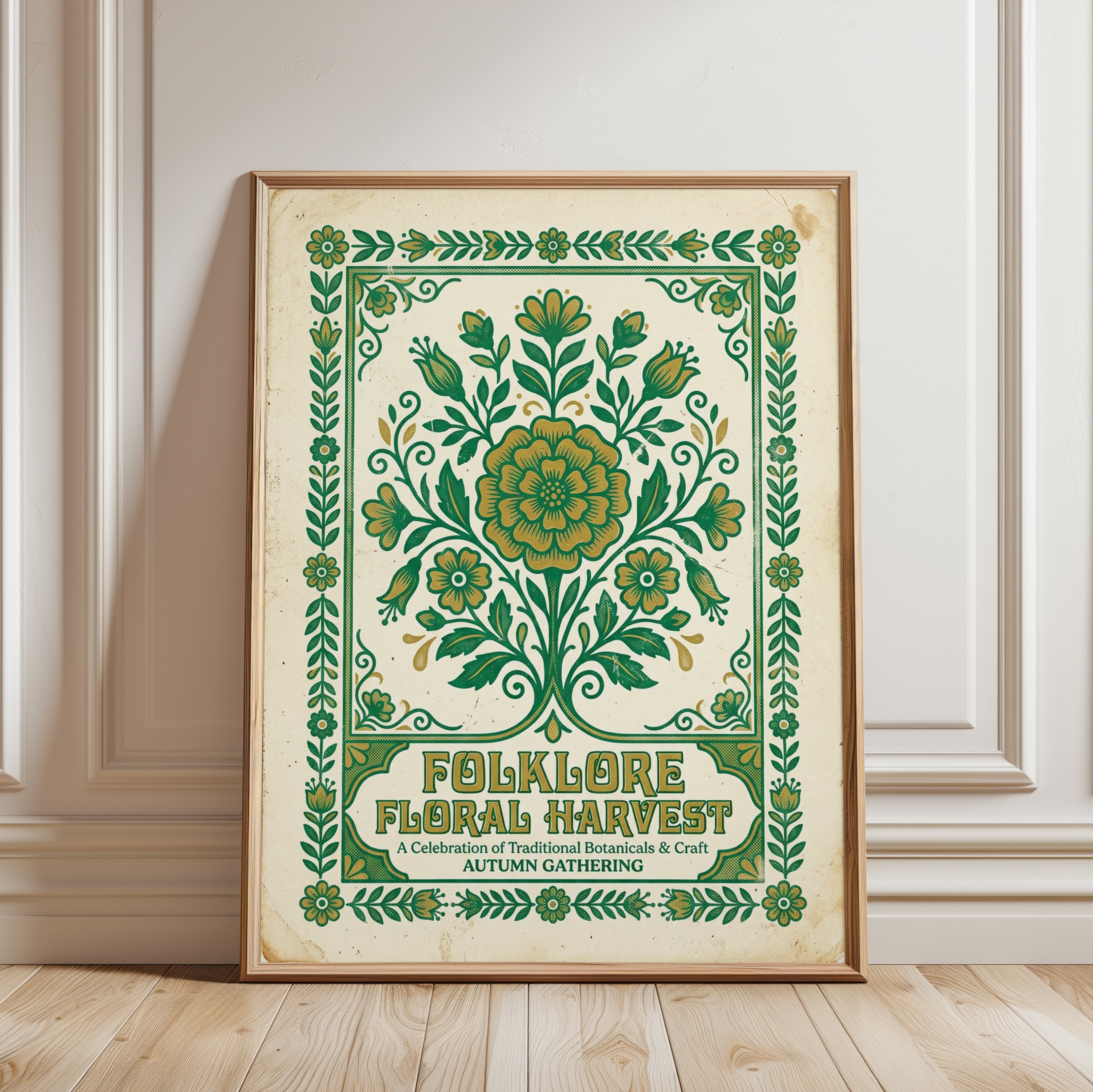 Folk Art Botanical Print: Green and Gold Floral Harvest Design - framed detail
