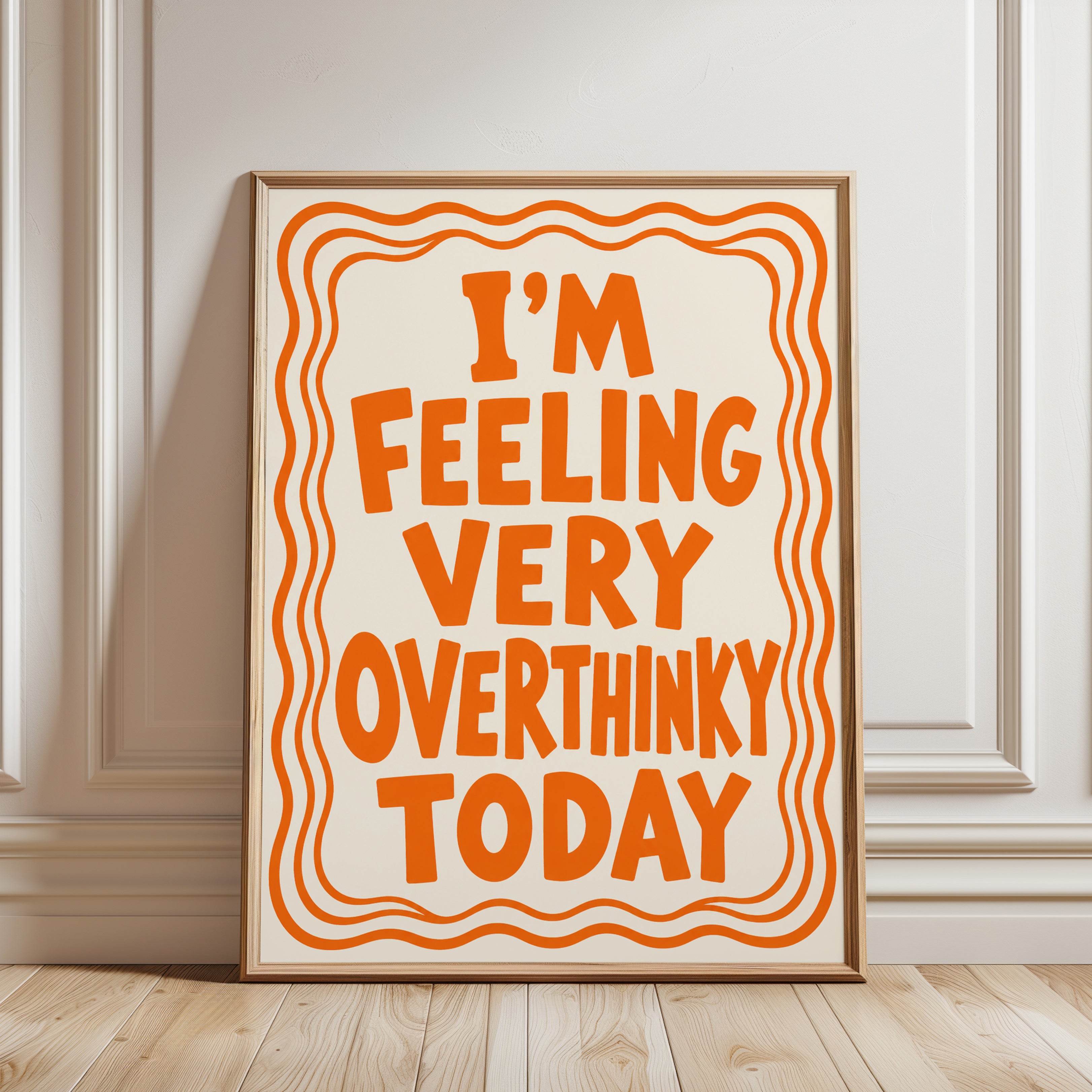 Overthinker Typography Print: Retro Orange Motivational Wall Art - framed detail