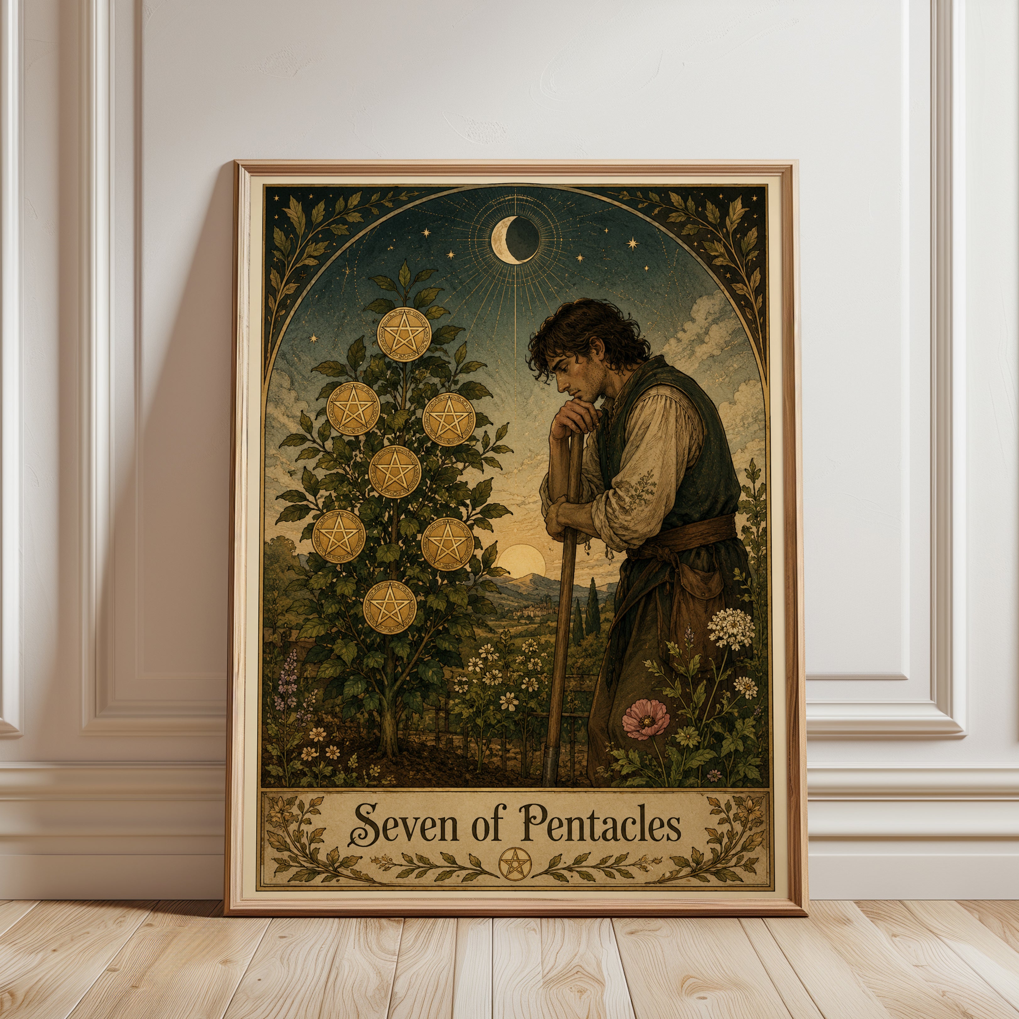 Tarot Card Wall Art – Seven of Pentacles Print - framed detail