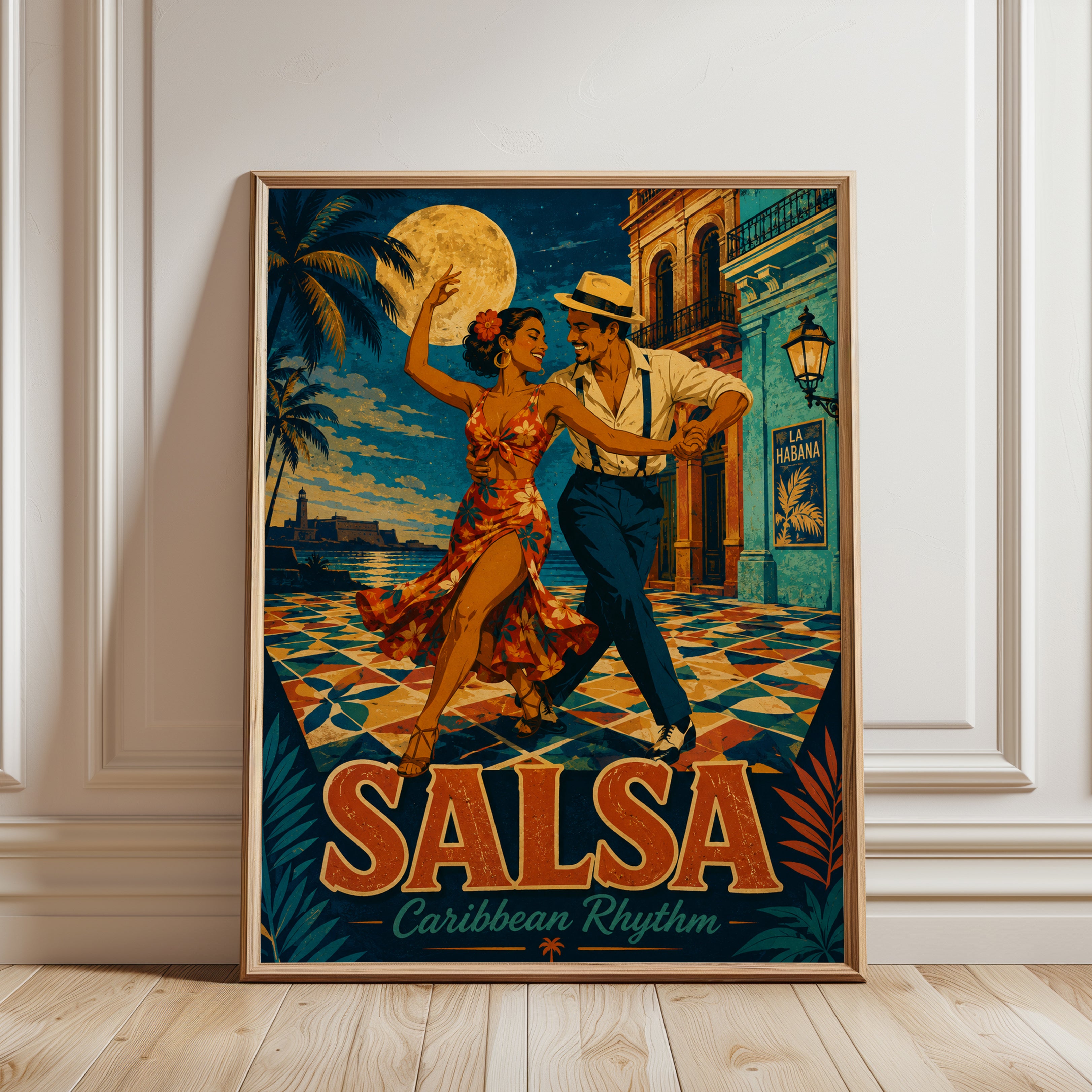 Cuban Salsa Poster – Havana Travel Print - framed detail