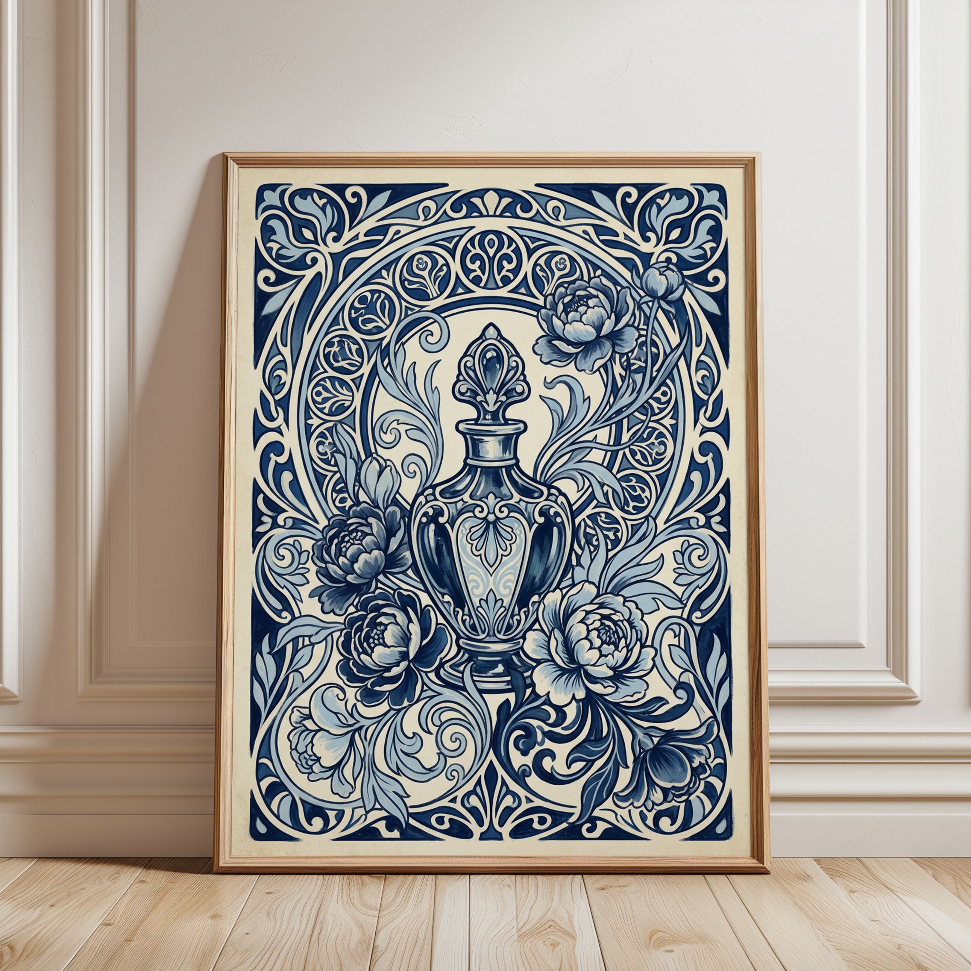 Blue and White Porcelain Print — Ornate Fleur-de-lis Vase - framed detail