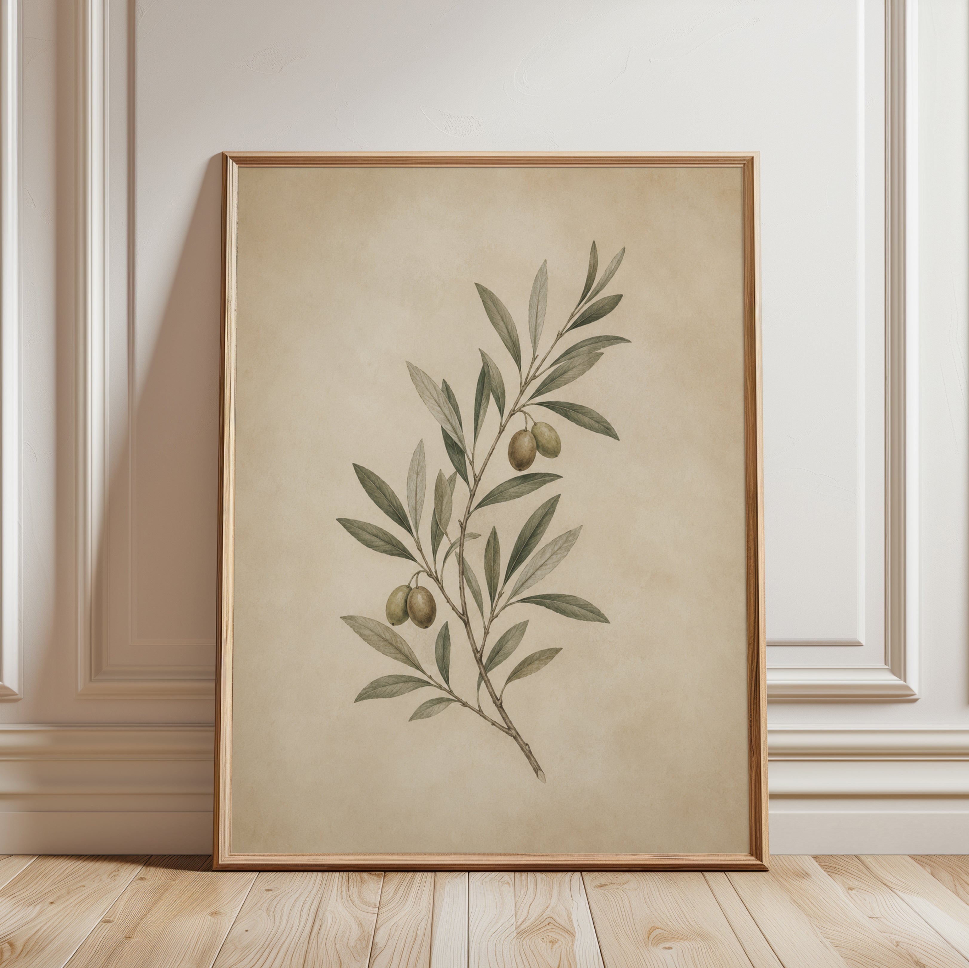 Olive Branch Botanical Print — Vintage Watercolor Style - framed detail
