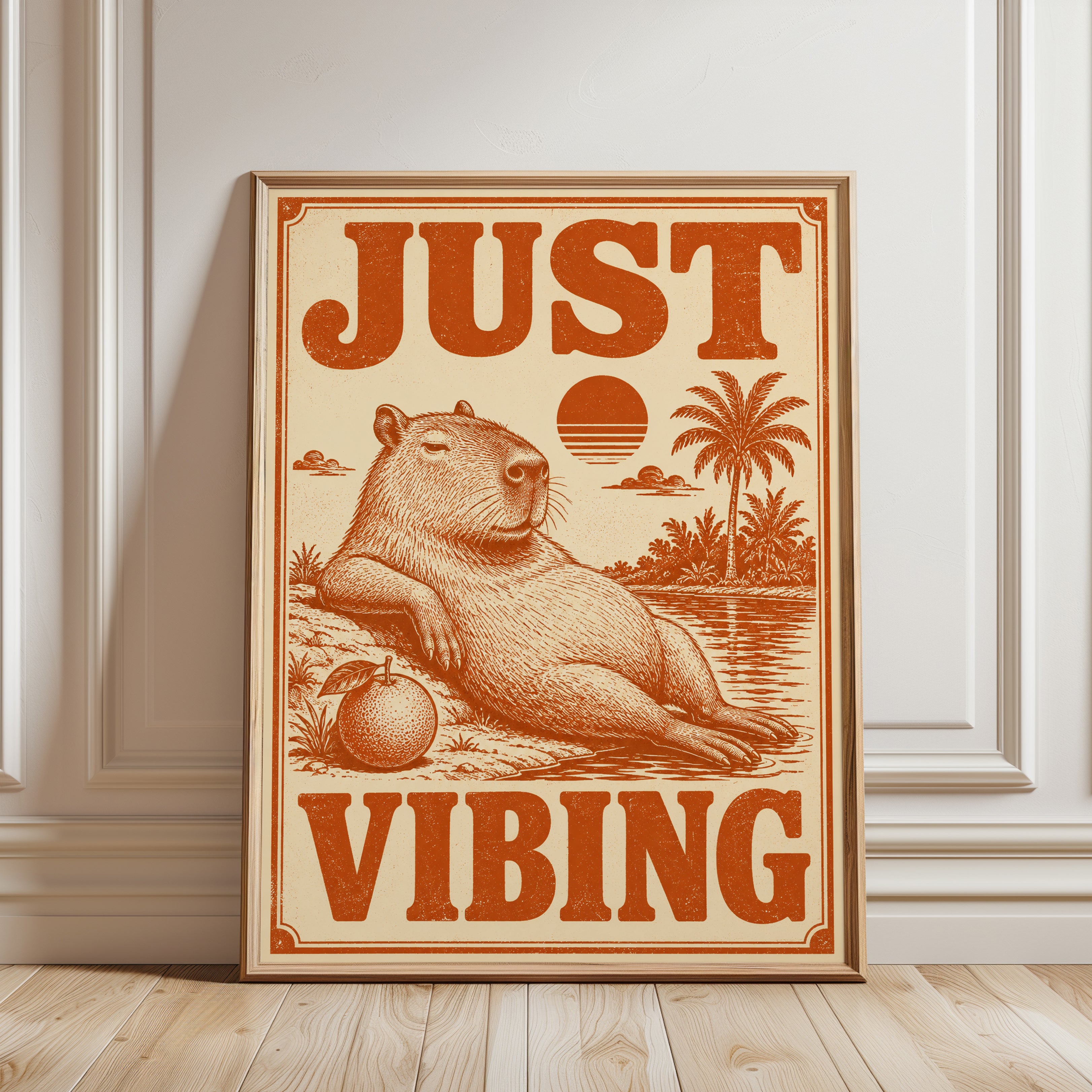 Capybara Print: Retro 70s Tropical Wall Art - framed detail