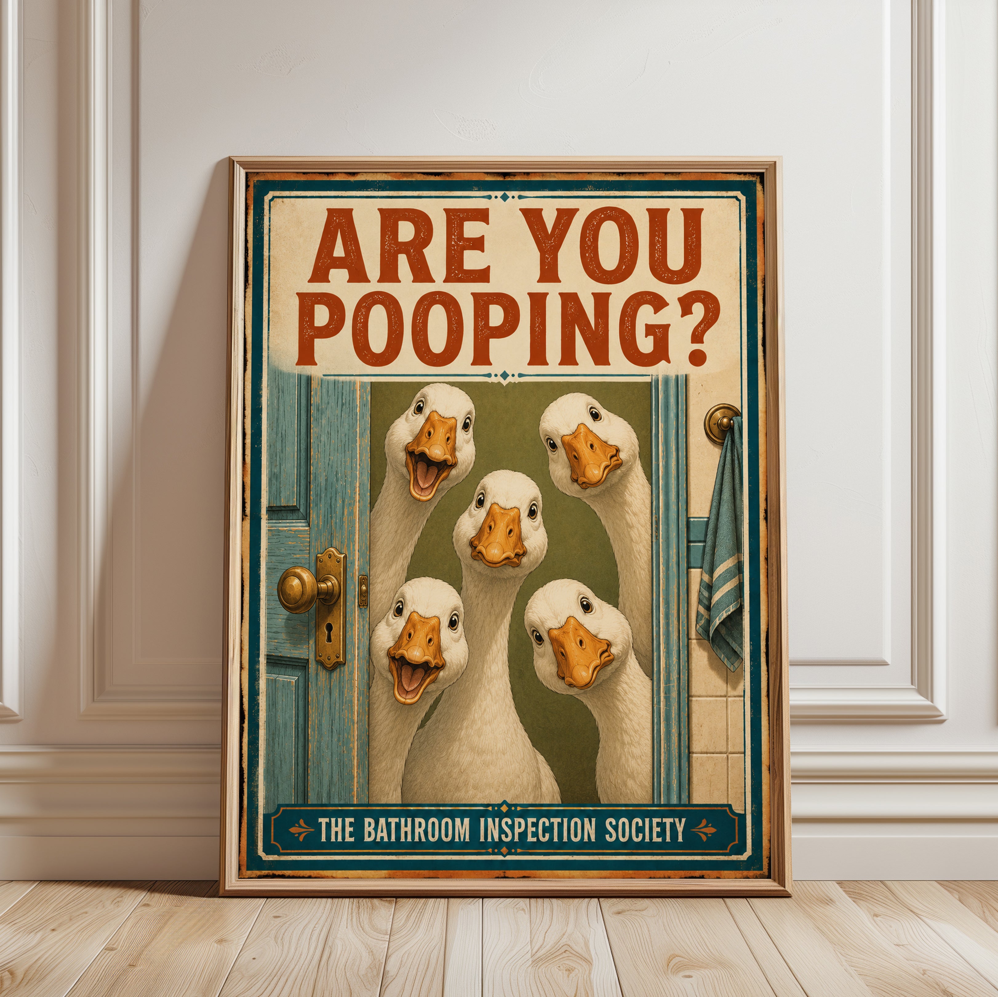 Funny Bathroom Ducks Print: Vintage Humor Wall Art - framed detail