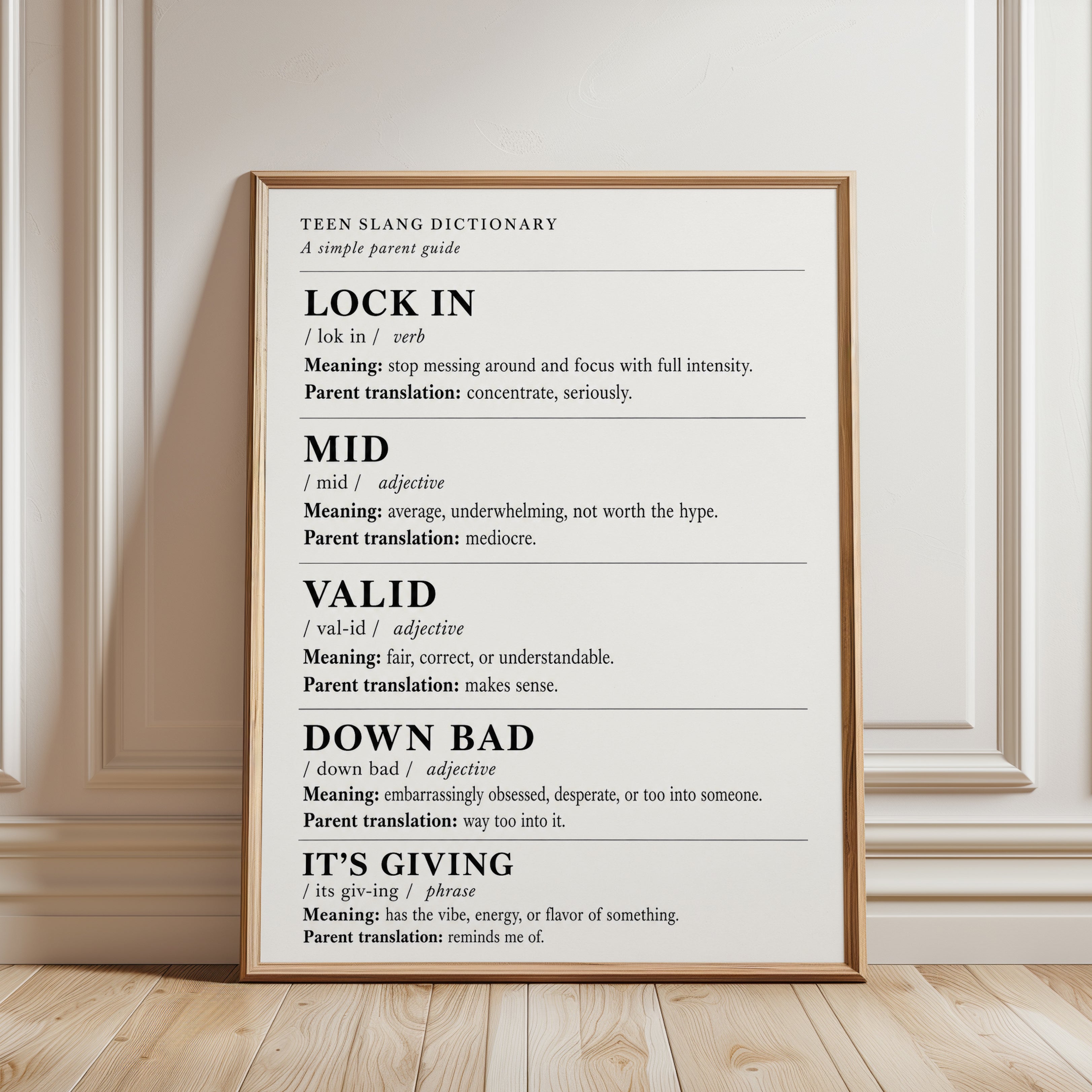 Teen Slang Dictionary Poster: Vintage Educational Typography Art - framed detail