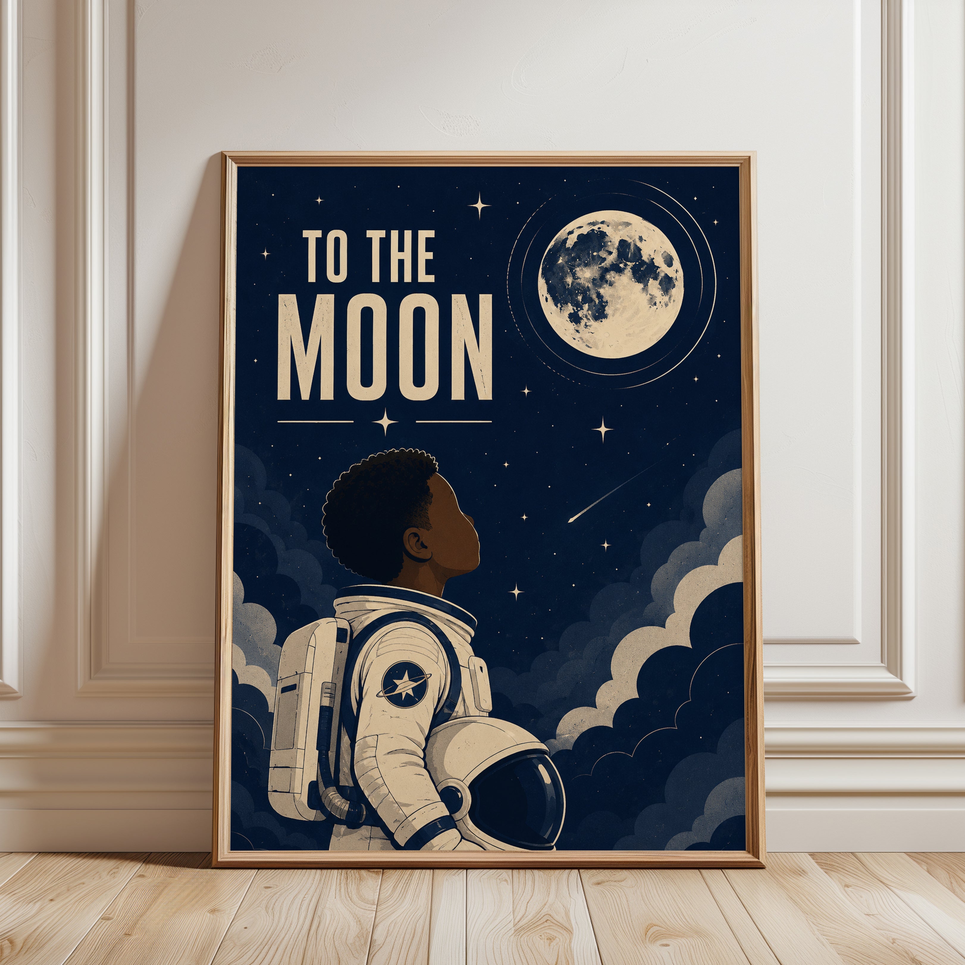 Space Nursery Wall Art – Astronaut Moon Print - framed detail