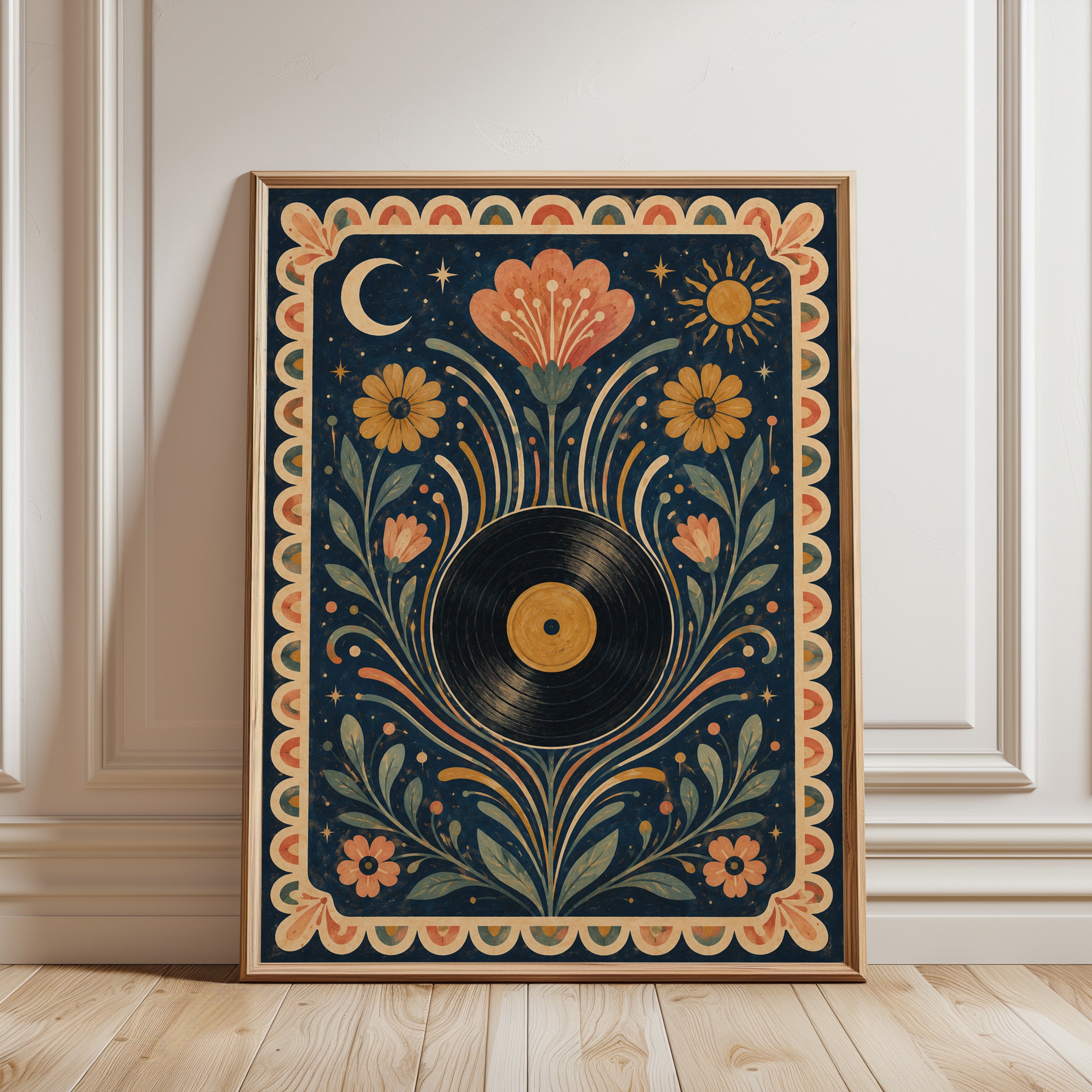 Folk Art Floral Vinyl Record Print - framed detail