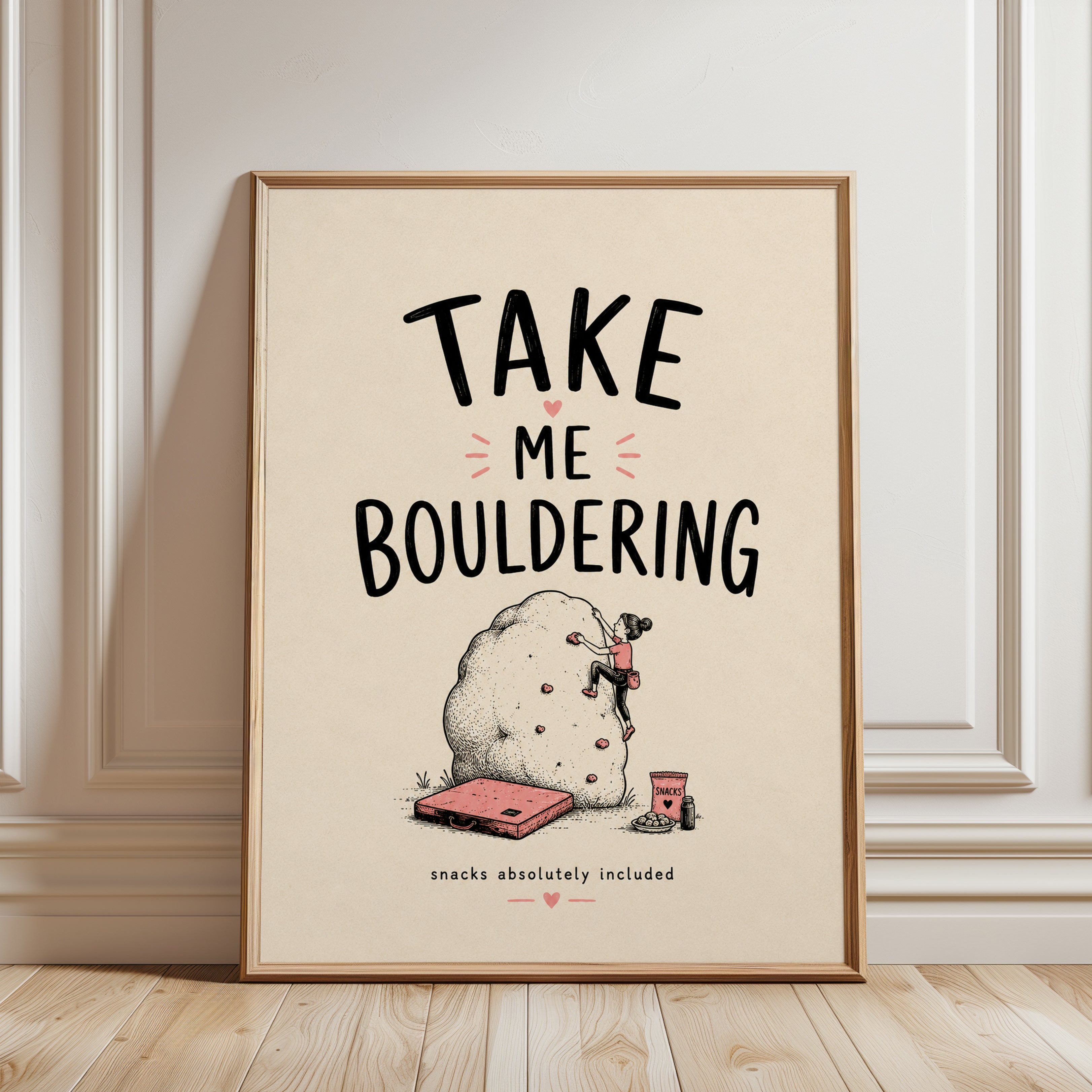 Bouldering Wall Art – Funny Climbing Print - framed detail