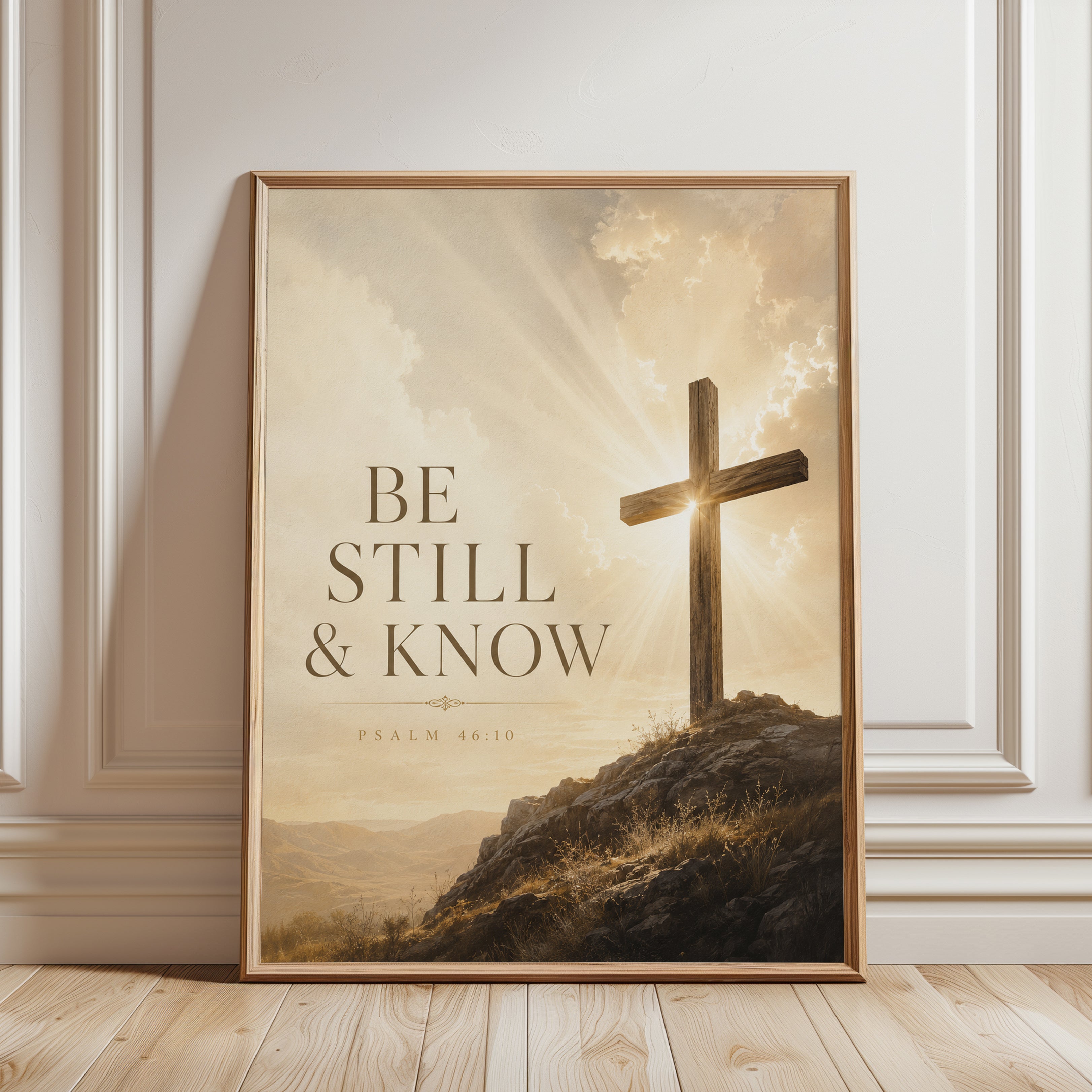 Be Still and Know Cross Art Print: Sepia Faith Wall Art - framed detail